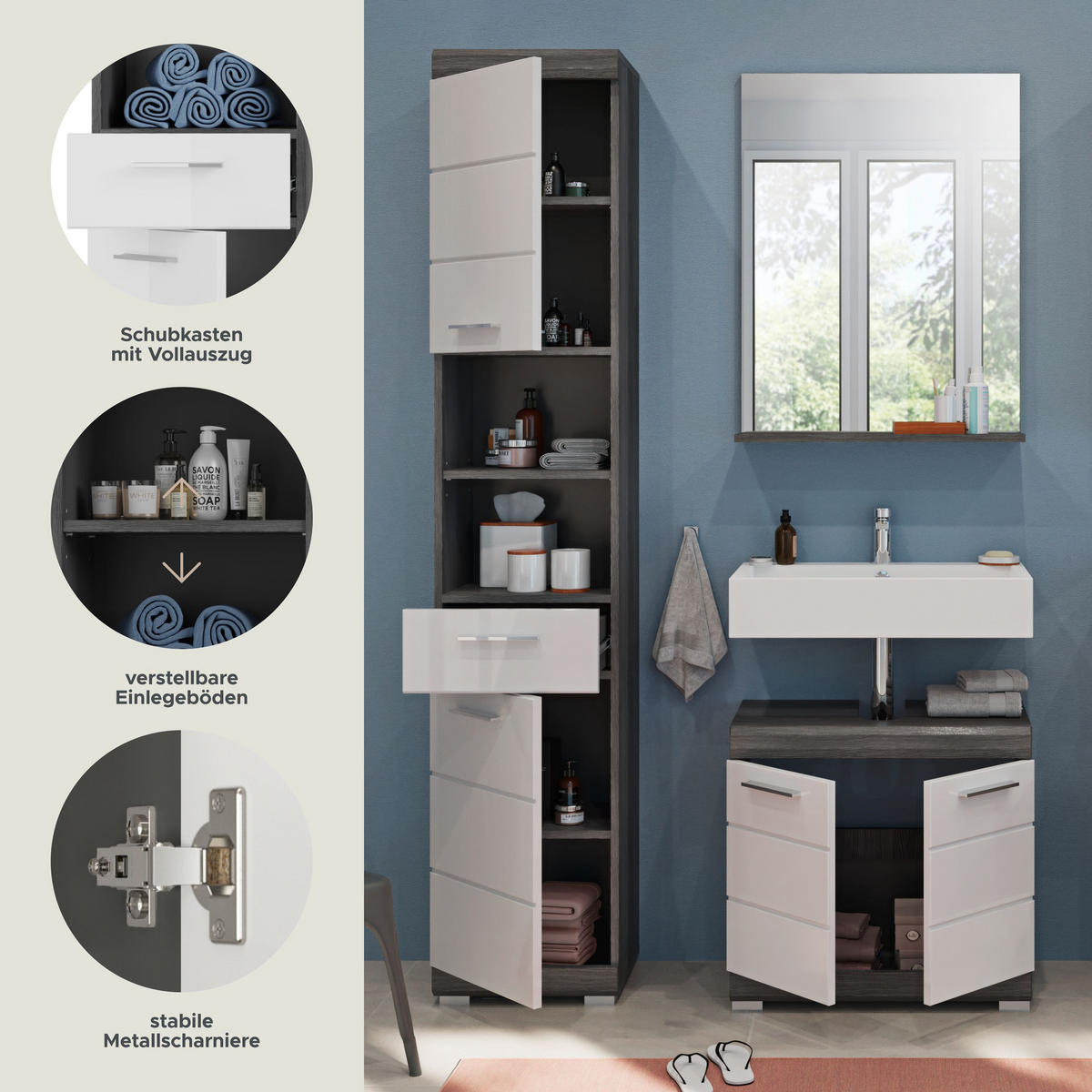 BADKOMBINATION 3tlg. Scout Bad in Rauchsilber Nachbildung und weiß hochglanz B/H/T: 112x191x34 cm - Anthrazit, Holz (112/191/34cm)