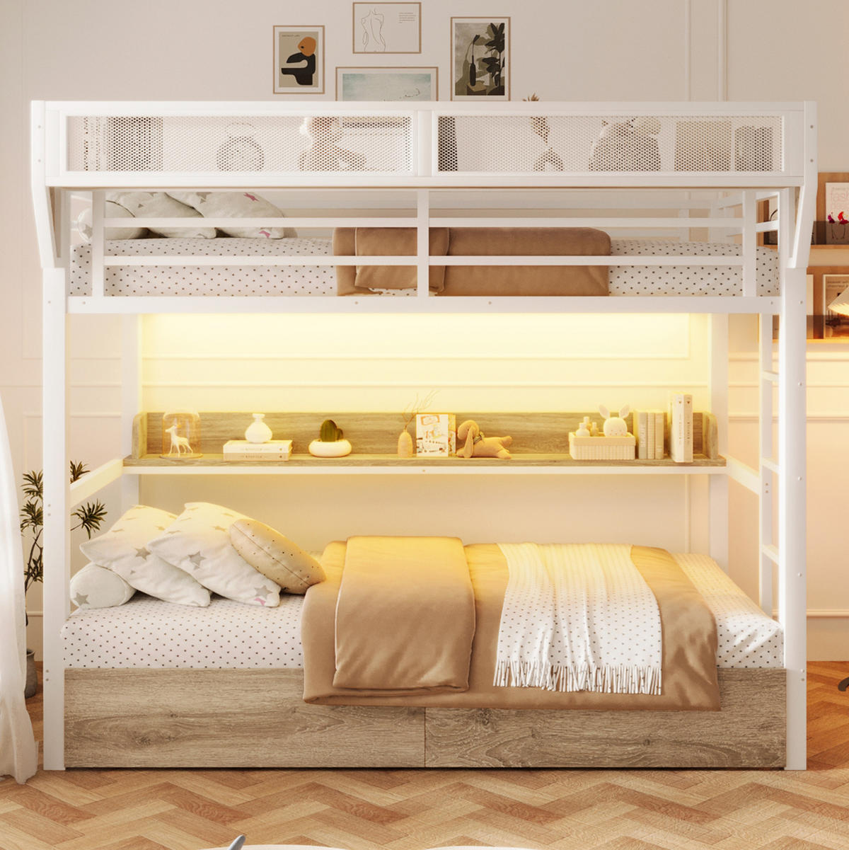 ETAGENBETT 90/200 cm aus Metall und MDF mit LED-Licht und Stauraum Weiß - Weiß, Holzwerkstoff (90/200cm) - Modenvie