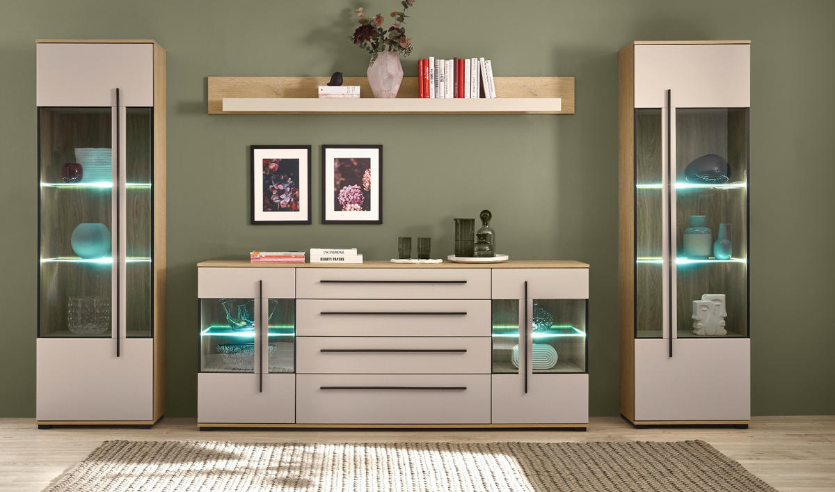 WOHNWAND Kaschmir, Eiche 4-teilig 340 cm, Schrankwand Set mit Soft-Close - Kaschmir/Eichefarben, Glas/Holzwerkstoff (340/200/42cm) - Furn.Design