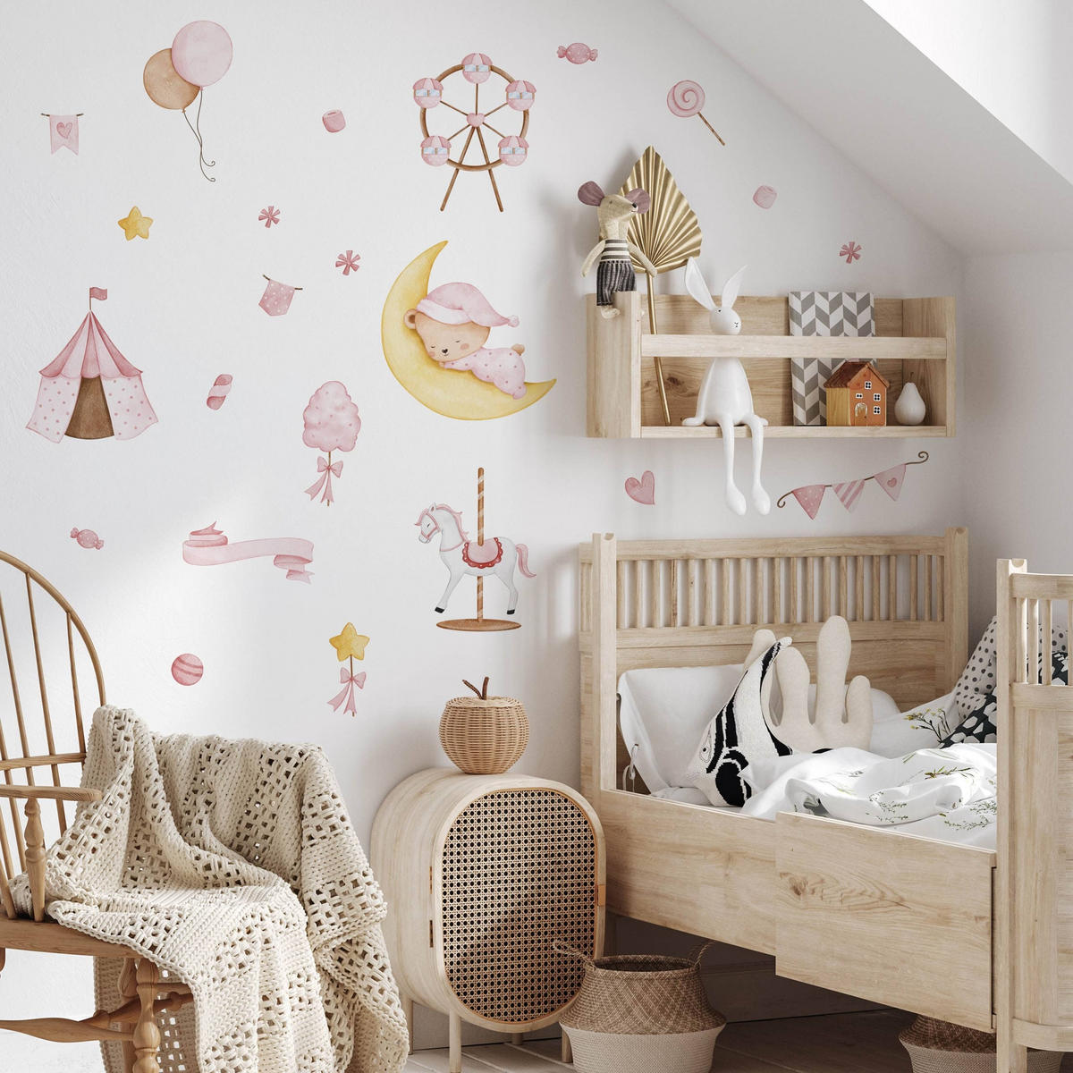 WANDSTICKER Teddybär auf dem Mond Sterne Ballons 60x30 - Gelb/Rosa, Papier (60/30/1cm) - Muralo