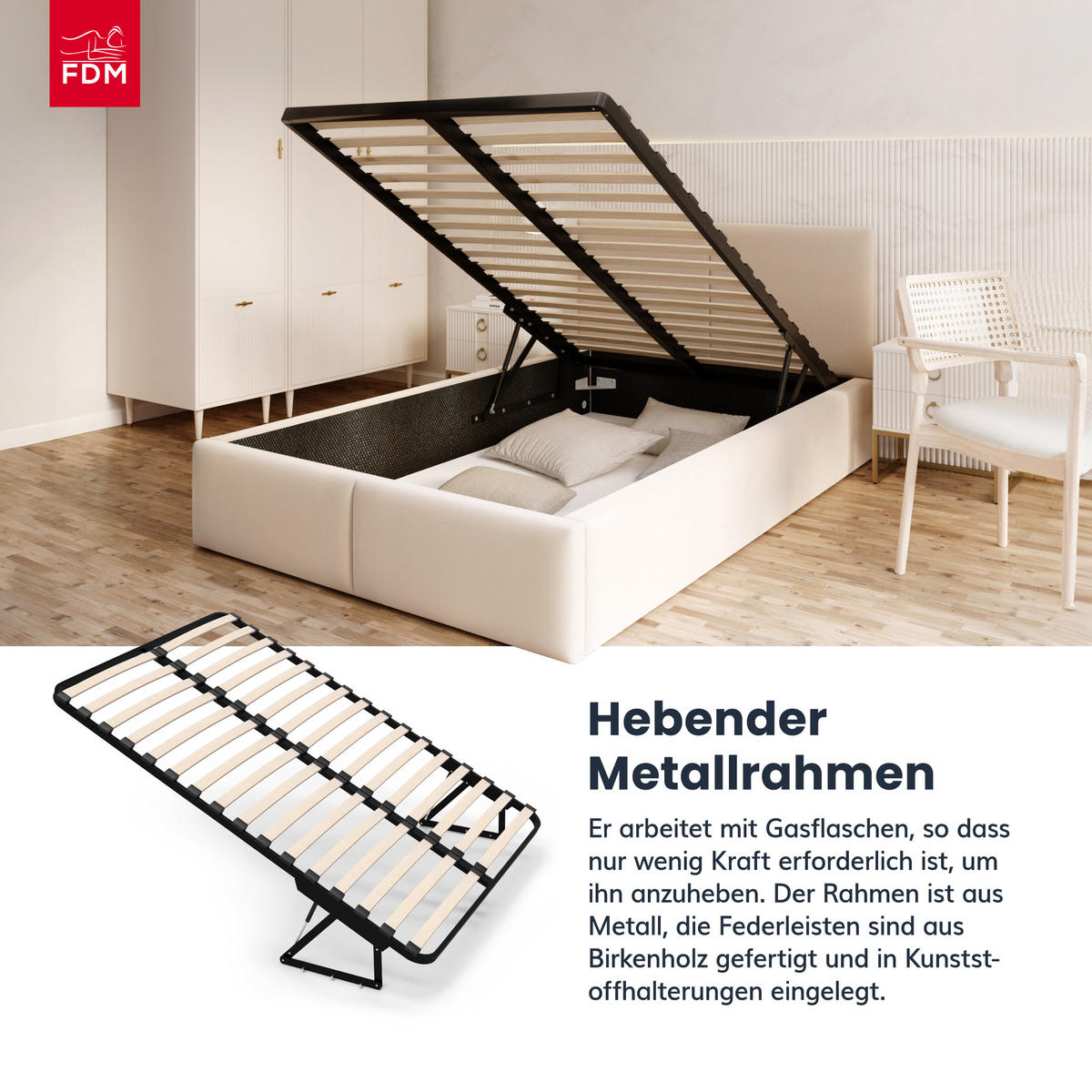 POLSTERBETT Amber Beige - Birkefarben/Beige, Holzwerkstoff (90/200cm) - FDM