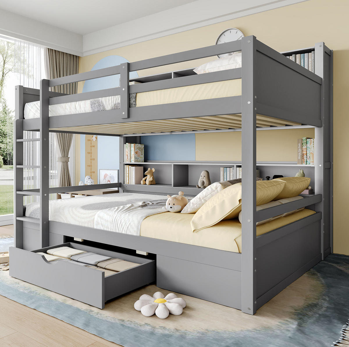 ETAGENBETT mit Schublade und Ablagefächern 90x200 cm Kiefernholz Grau - Grau, Holzwerkstoff (90/200cm) - Beauniv