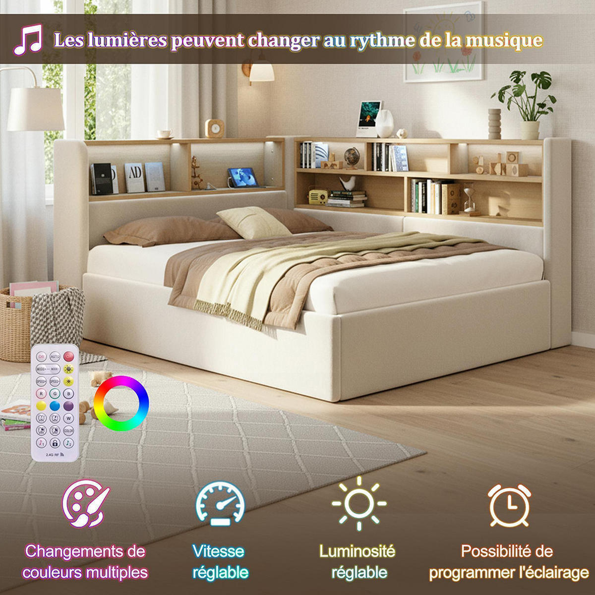POLSTERBETT 140×190 cm mit LED in Beige - Beige, Textil (140/190cm) - KOMHTOM