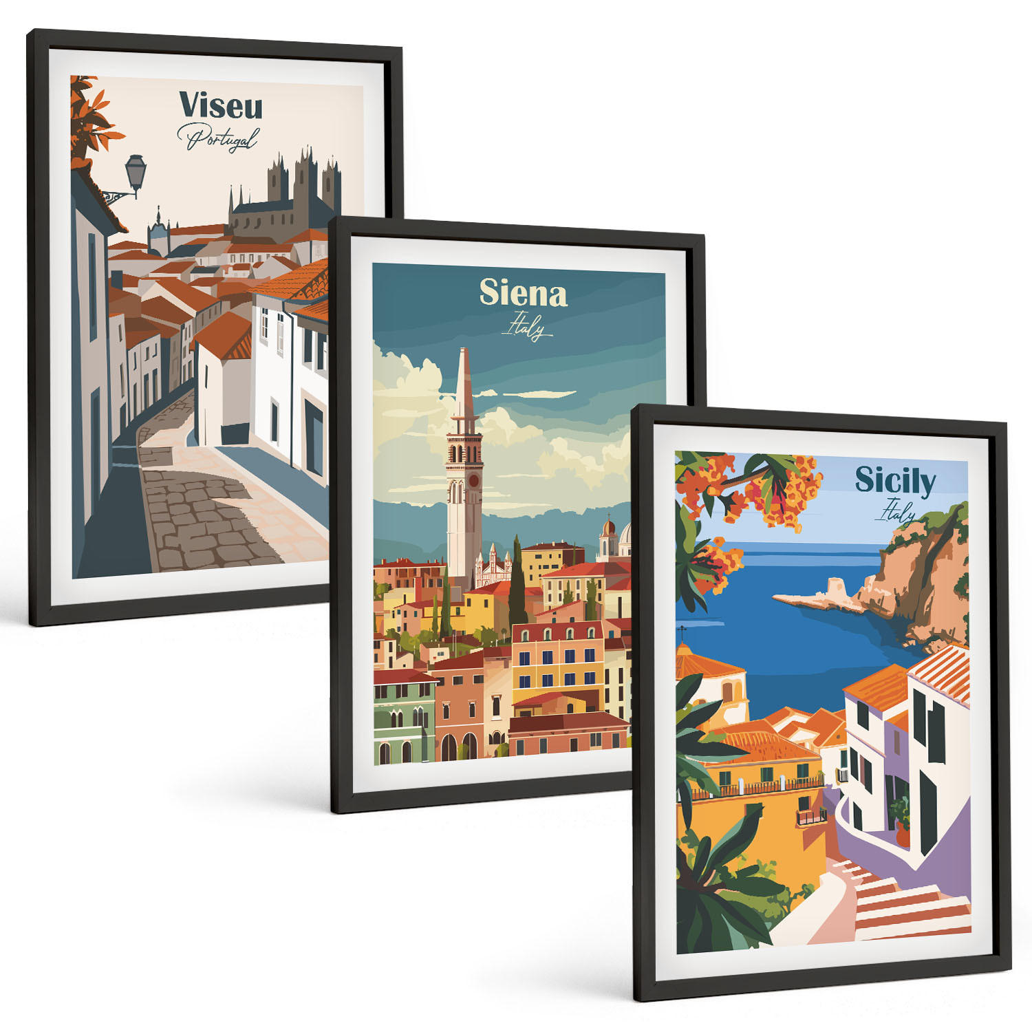 BILDER SET 3er Set - 40x60 cm Schwarzer Rahmen - Retro-Illustrationen von Weltstädten - Schwarz, Kunststoff (40/60cm) - TULUP