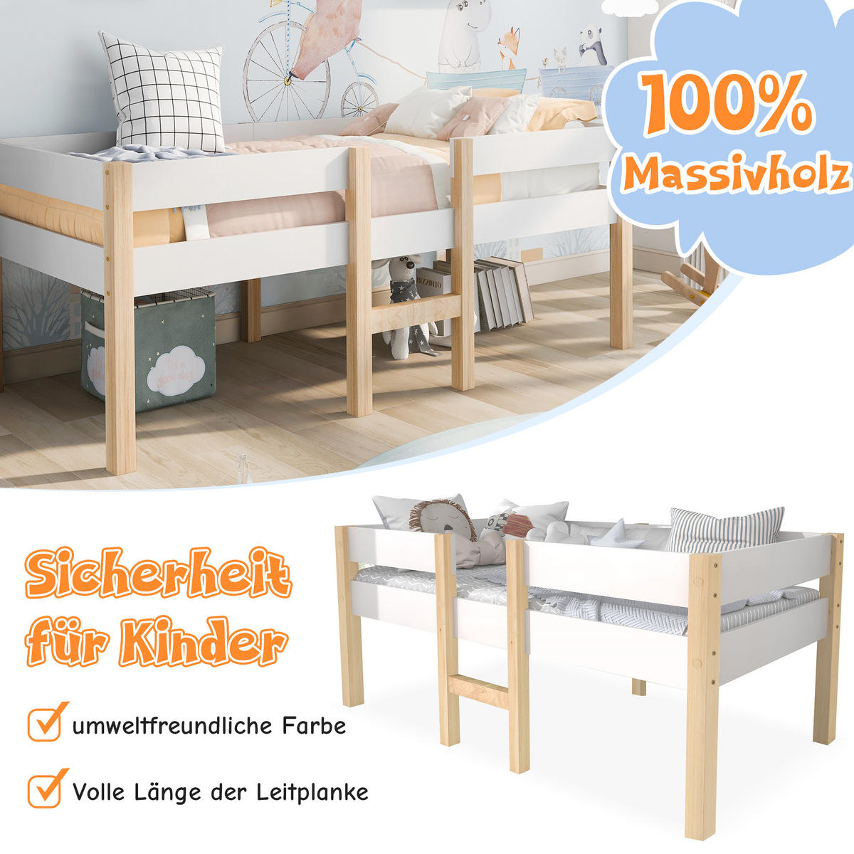 HALBHOHES Kindereinzelbetten aus Massivholz 90x190 cm in Weiß mit Rausfallschutz - Weiß, Holz (90/200cm) - Modfu