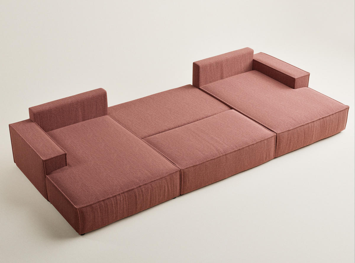 WOHNLANDSCHAFT Kyoto Korallenfarbe Webstoff - Koralle/Schwarz, Holz/Holzwerkstoff (398/70/148cm) - Maison de Reve