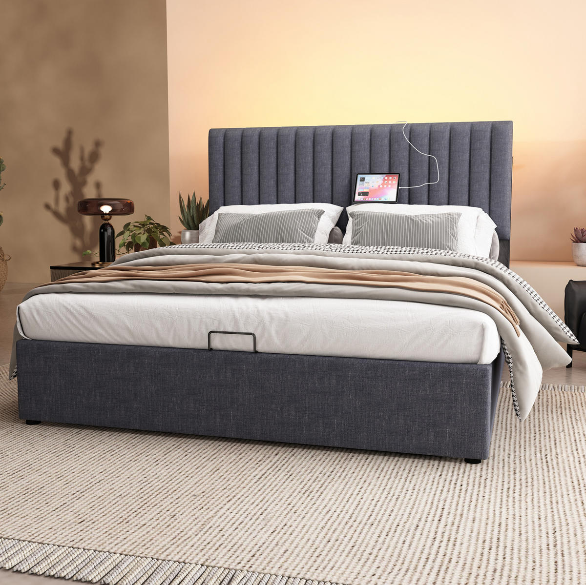 ČALOUNĚNÁ postel 160/200 cm šedá ze lnu s LED čelem, USB-C a úložným prostorem - šedá, textil (160/200cm) - OKWISH