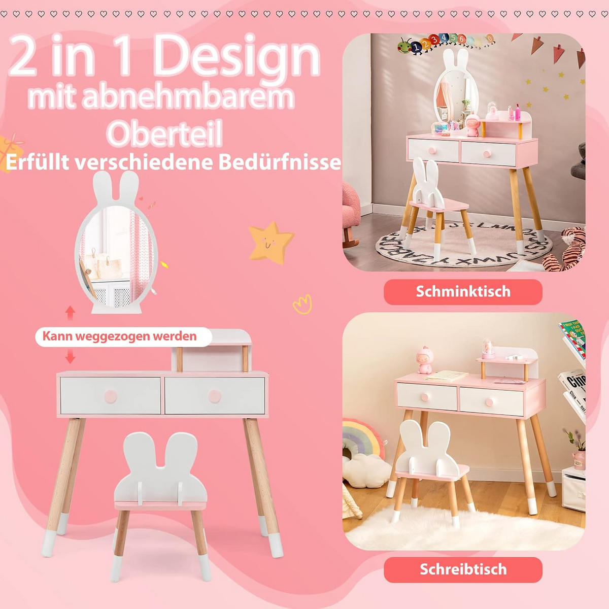 KINDER SCHMINKTISCH Set Weiß - Weiß, Holz (37/110/78cm) - COSTWAY