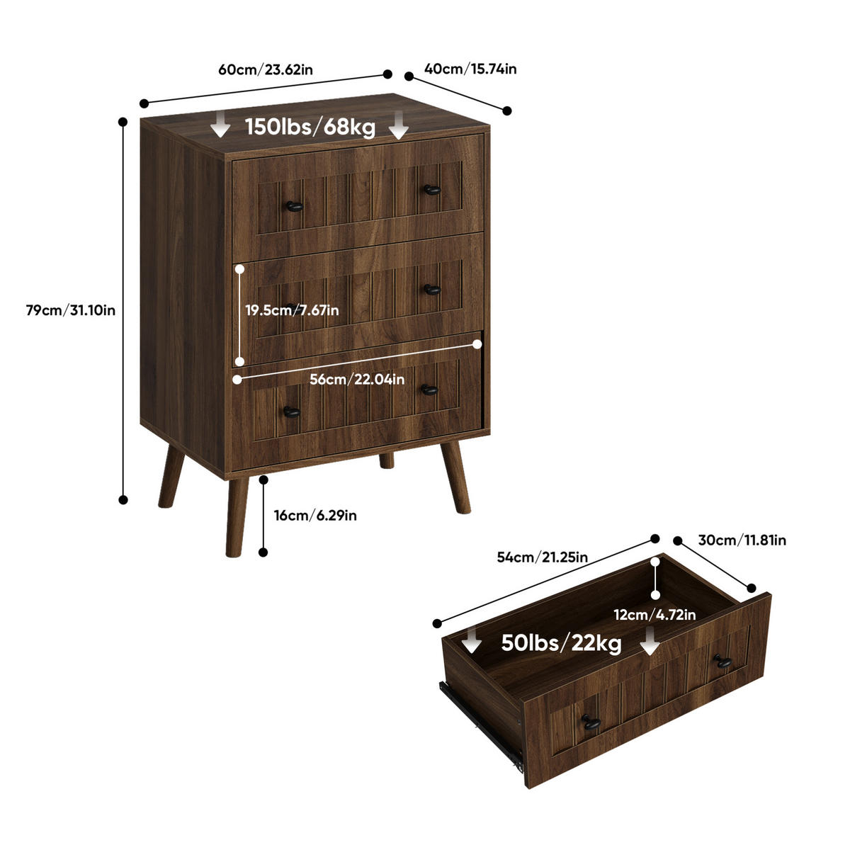 KOMODA z MDF 60x40x79 cm ořechová se 3 zásuvkami a drážkovanými čely - barva vlašského ořechu, kompozitní dřevo (60/78/40cm) - Modfu