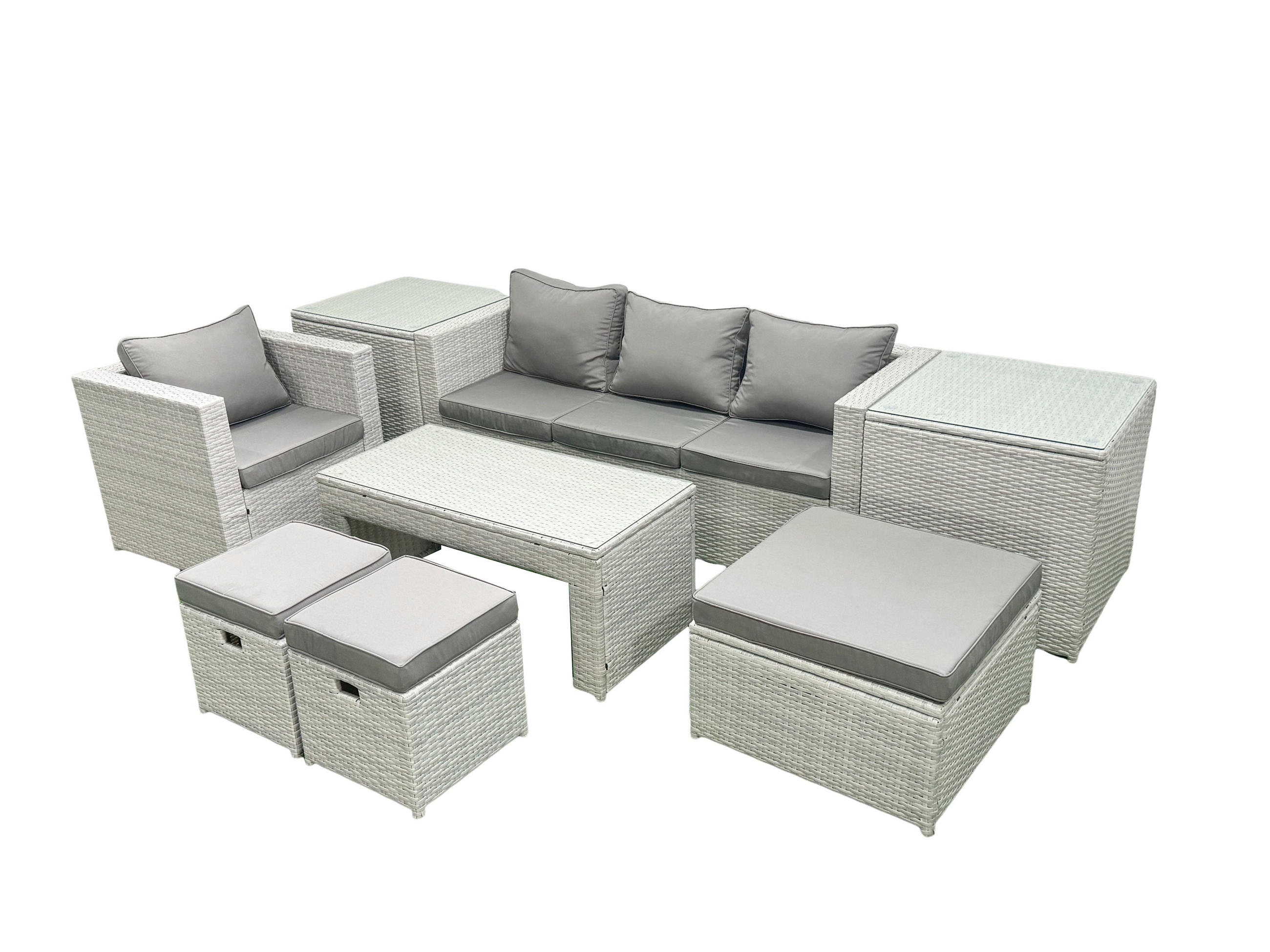 BALKONMÖBEL-SET Polyrattan Hellgrau-Mix 7-teilig - Hellgrau/Grau, Glas/Kunststoff - Fimous