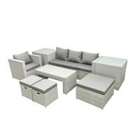 BALKONMÖBEL-SET Polyrattan Hellgrau-Mix 7-teilig - Hellgrau/Grau, Glas/Kunststoff - Fimous