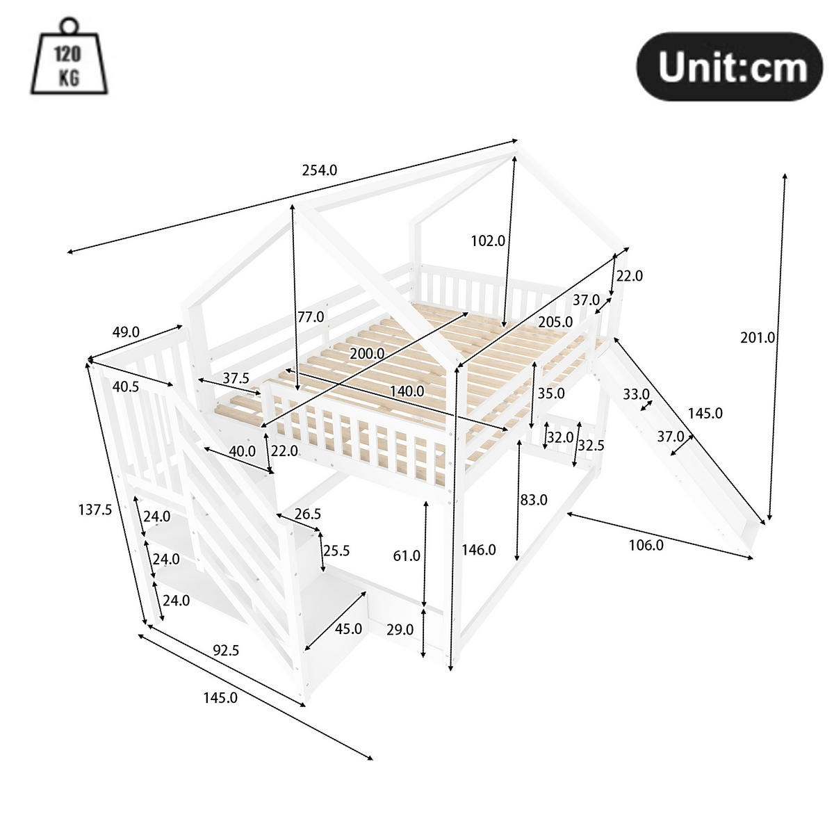 ETAGENBETT 140x200 cm in Weiß mit Rutsche und Stauraumtreppe - Weiß, Holz (140/200cm) - OKMYHOME