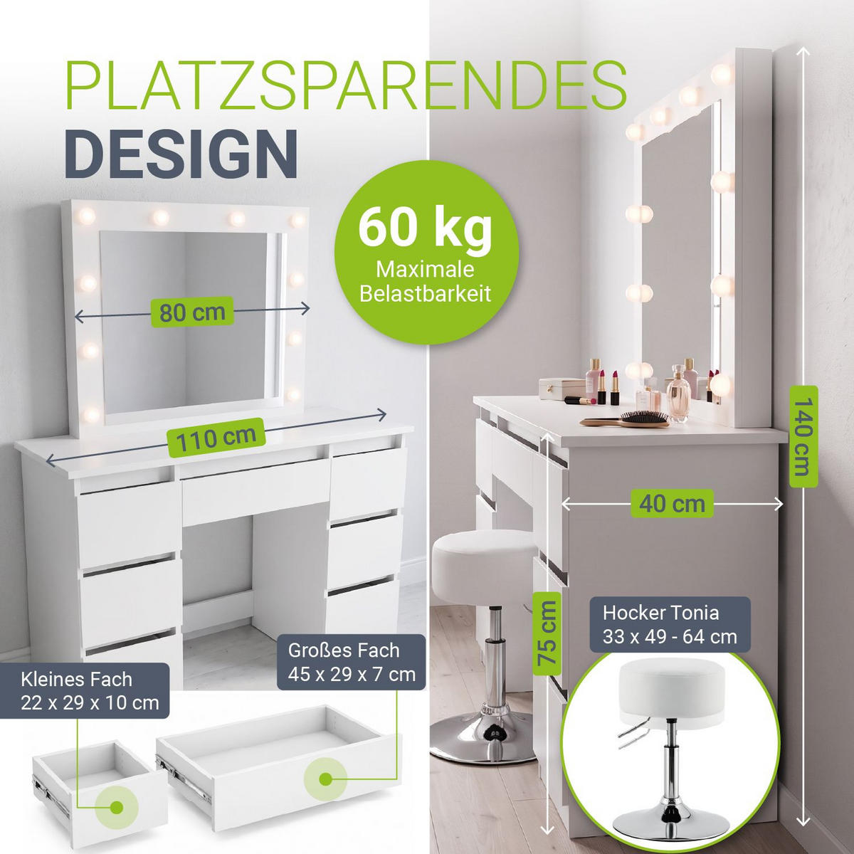 SCHMINKTISCH Talea mit LED (3 Lichtstufen) inkl Hocker Tonia - Weiß, Holz (110/141/40cm) - Juskys