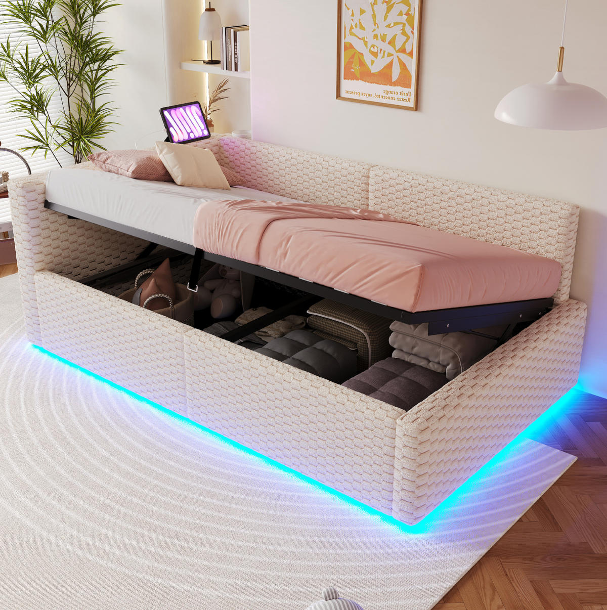 POLSTERBETT 90/200 cm aus Samt mit LED-Beleuchtung, Beige - Beige, Textil (90/200cm) - OKMYHOME