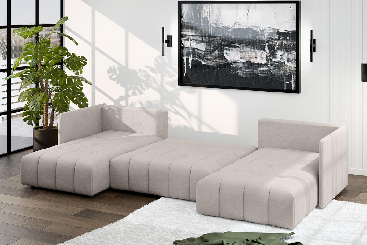WOHNLANDSCHAFT Veliro U Beige 353/180/83 cm mit Schlaffunktion und Bettkasten - Beige/Schwarz, Kunststoff/Textil (353/83/180cm) - AX Living