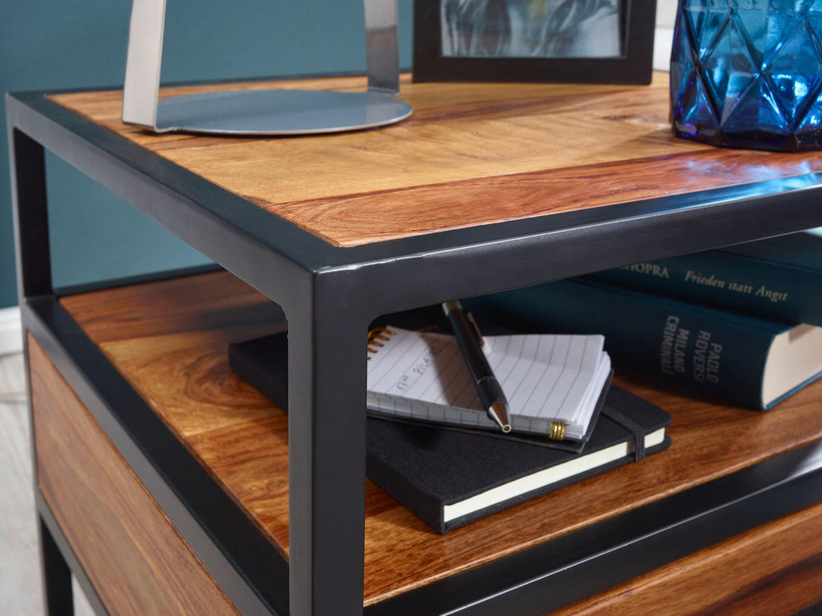 NACHTTISCH – Massivholz/Stahl, mit Stauraum, Industrial-Stil - Schwarz/Braun, Holz/Metall (50/45/45cm) - KADIMA DESIGN