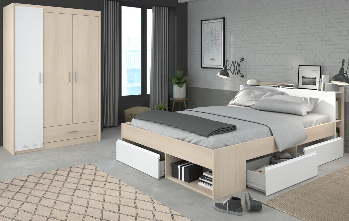 JUGENDZIMMER Set mit Stauraumbett 140x200 und Kleiderschrank - Silberfarben/Weiß, Holz/Holzwerkstoff (140/179/200cm) - Parisot Meuble