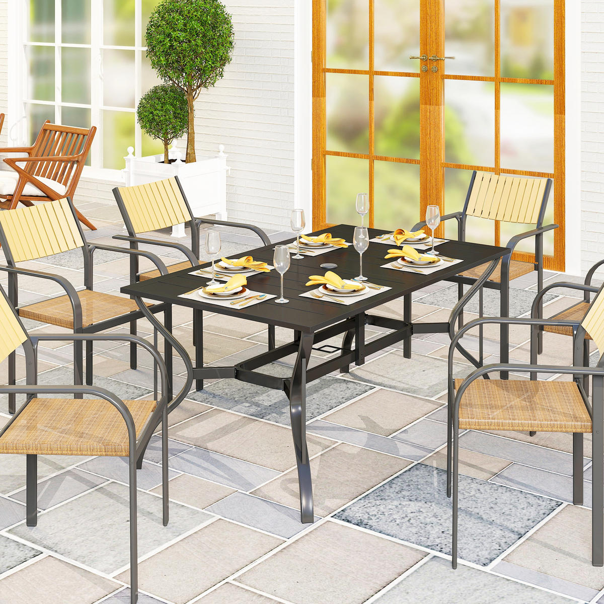 GARTENTISCH DE-07368 mit Schirmloch und Lamellen-Design für 6 Personen Schwarz - Schwarz, Metall (150/90/73cm) - ComfortXL
