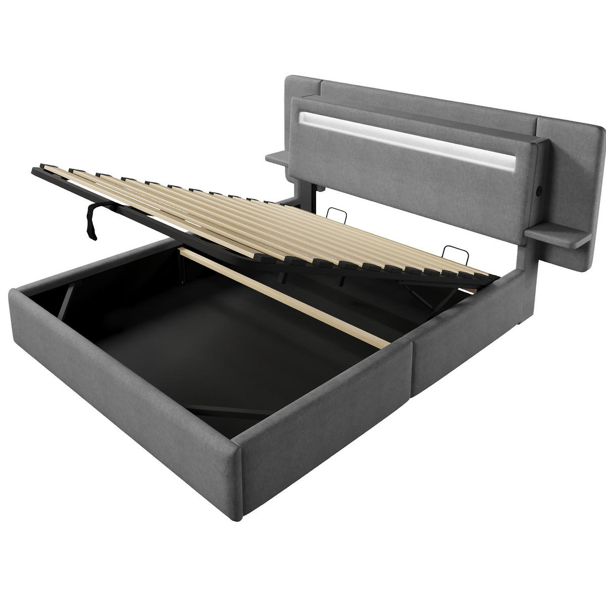 POLSTERBETT aus MDF und Leinen 140x200 cm Grau mit Bettkasten, LED-Beleuchtung, Nachttisch und USB-Anschluss - Grau, Textil (140/200cm) - Modfu