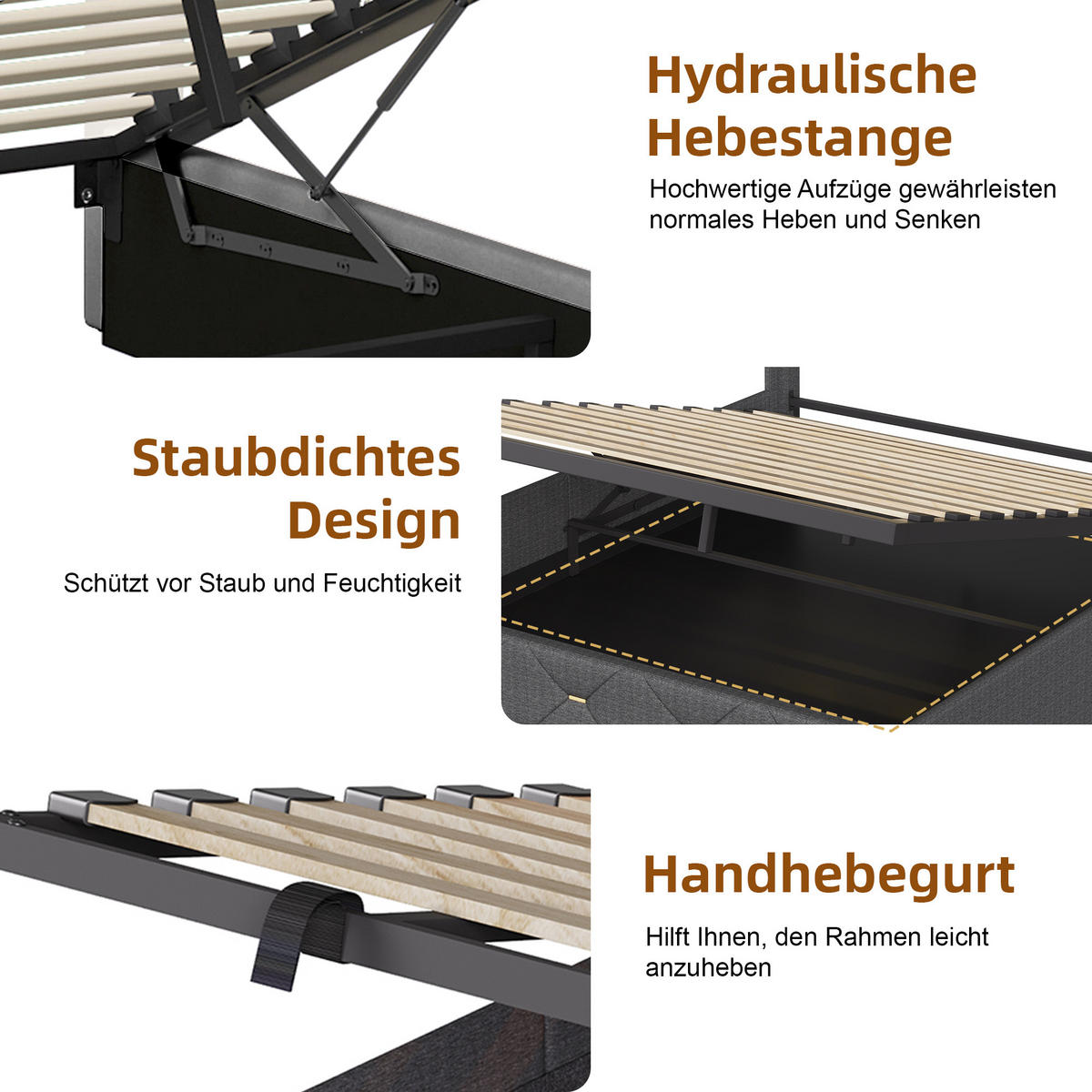 STAURAUMBETT 140x200 cm mit kabellosem Laden,USB-/Typ-C, LED, hydraulischer Stauraum, Leinenstoff, Grau - Grau, Holz (140/200cm) - BRILVERDE