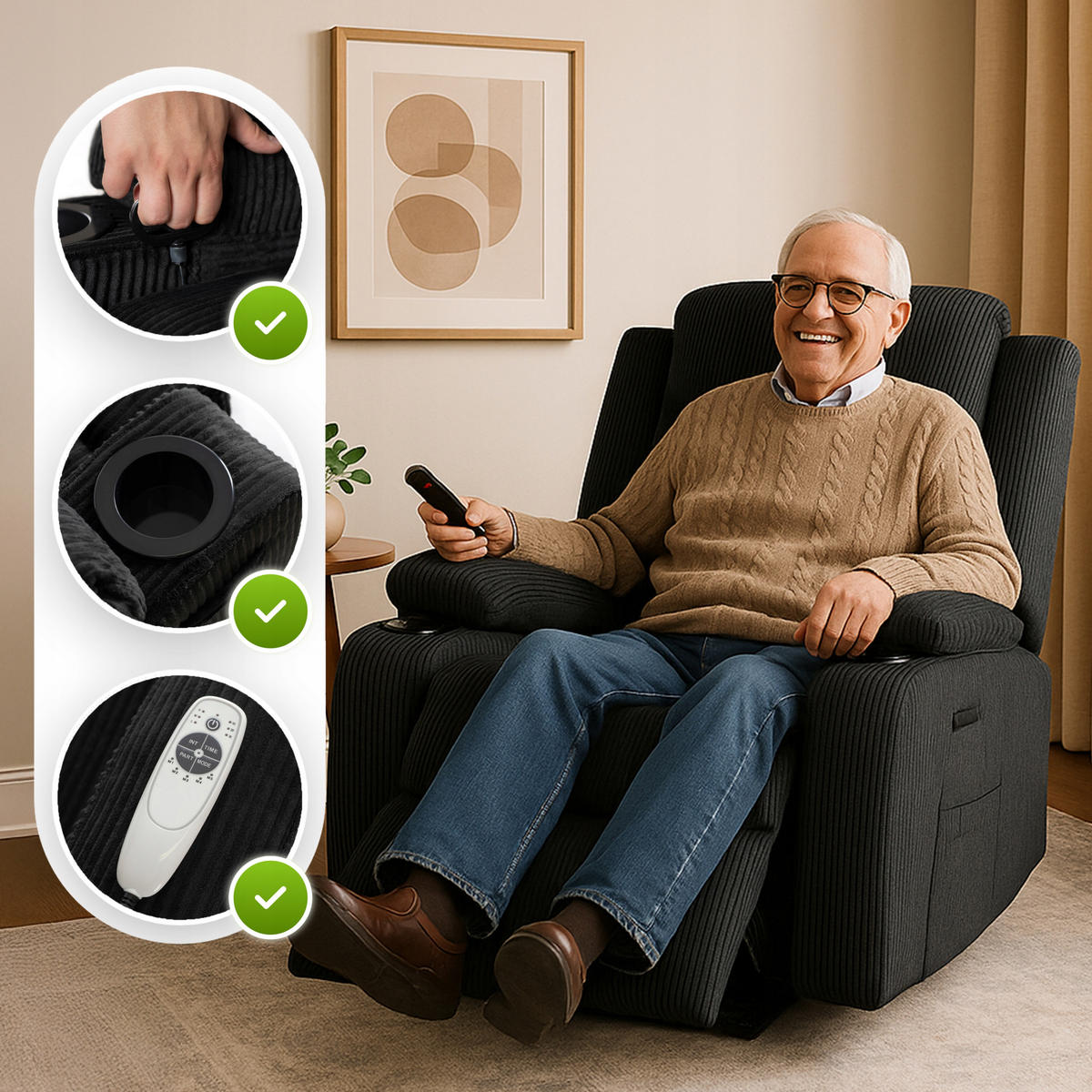 MASSAGESESSEL BOX 2 mit Fußhocker Cord Schwarz - Schwarz, Holz/Textil (87/101/85cm) - makarowski meble