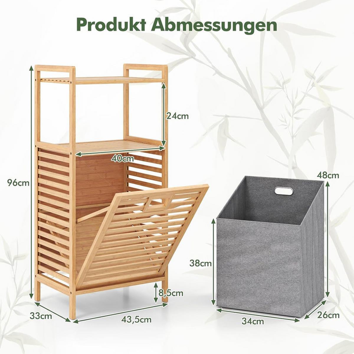 BADREGAL mit Wäschekorb natur - Naturfarben, Naturmaterialien (43.5/96/33cm) - COSTWAY