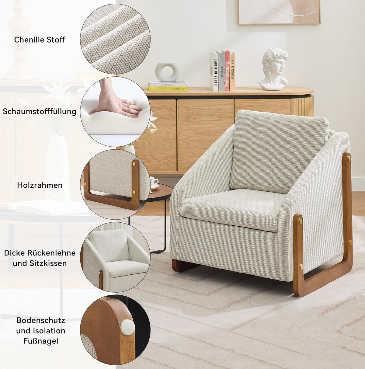 SESSEL 73,5/73,5/73,5 cm aus Chenille in Beige mit Holzarmlehnen - Beige, Textil (73.5/73.5/73.5cm) - BEAOK