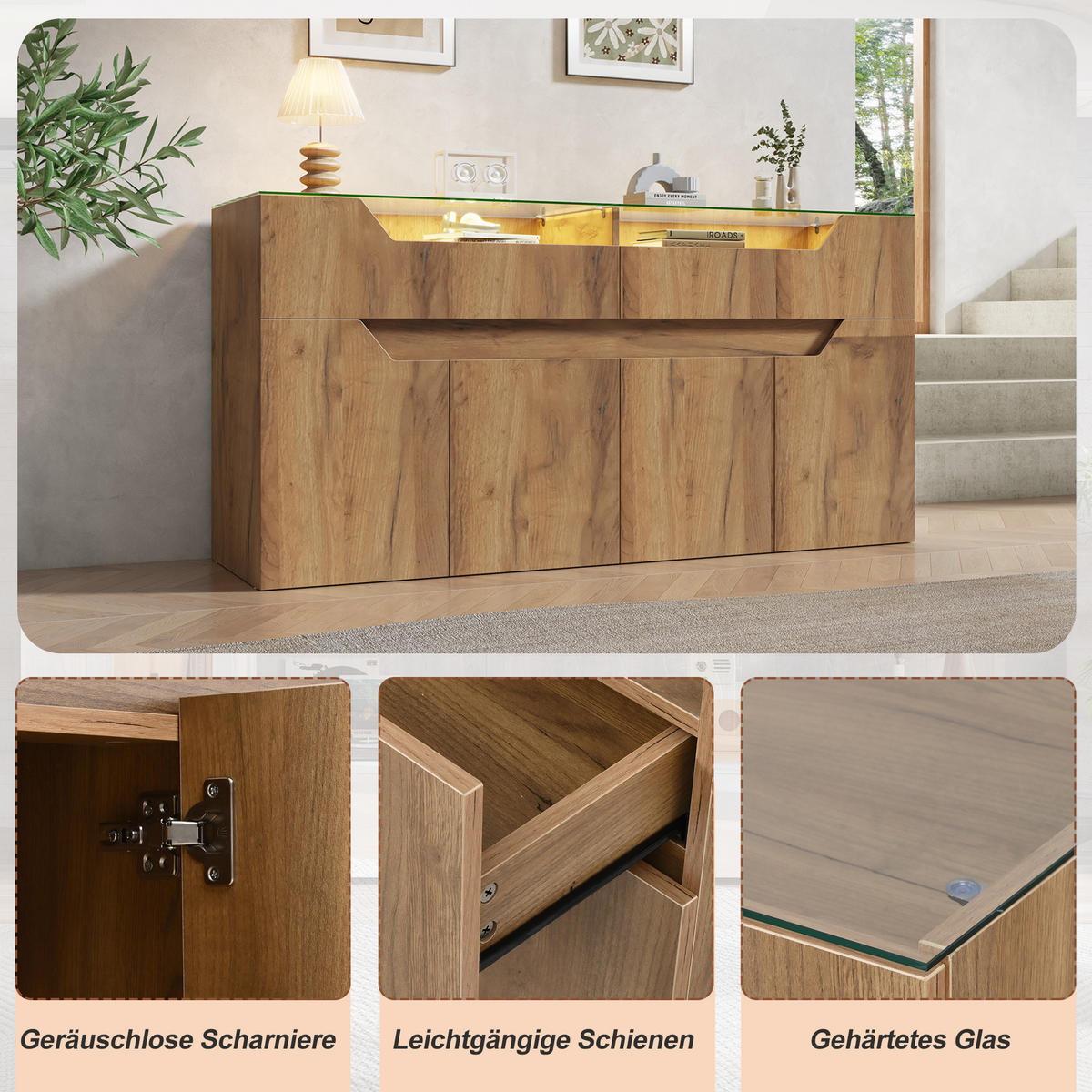 SIDEBOARD Naturholzoptik aus MDF mit gehärteter Glasplatte und App-gesteuerter USB-LED 140 × 40 × 70 cm - Naturfarben, Holzwerkstoff (140/70/40cm) - Luhomfu