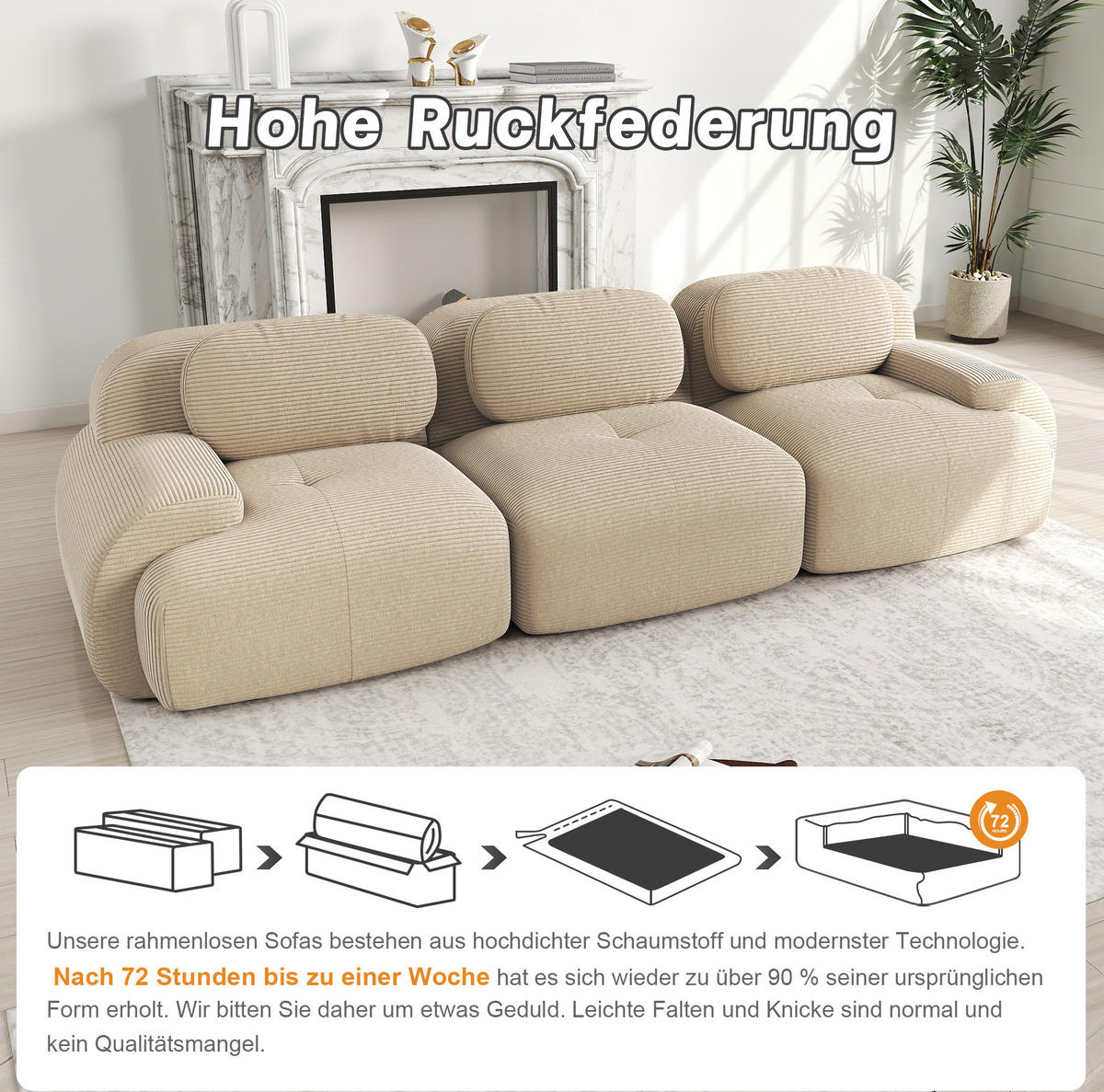 SOFA 298/103/70 cm in Beige aus Cord, modular und montagefrei - Beige, Textil (103/70/298cm) - Flora Grace