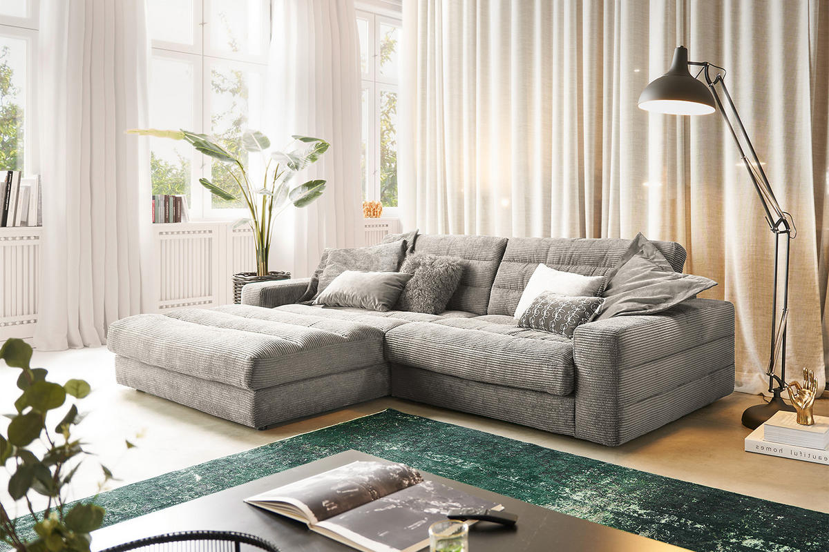 ECKSOFA LANA SOFA Steingrau Cord - Greige/Schwarz, Textil (296/205cm) - KAWOLA