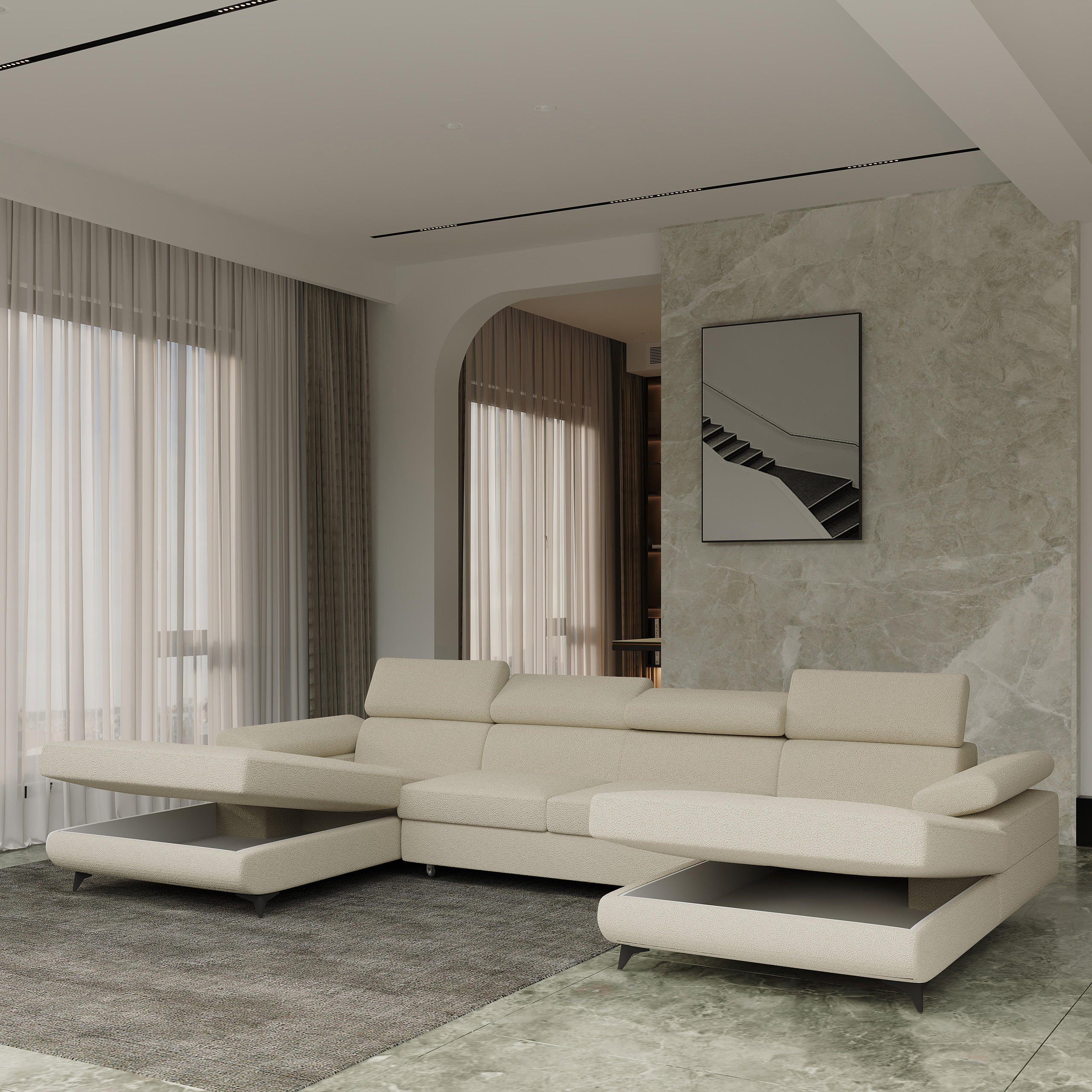 WOHNLANDSCHAFT DETTI Creme Boucle-Stoff mit Schlaffunktion - Creme, Holz (339/89/190cm) - MASSENO