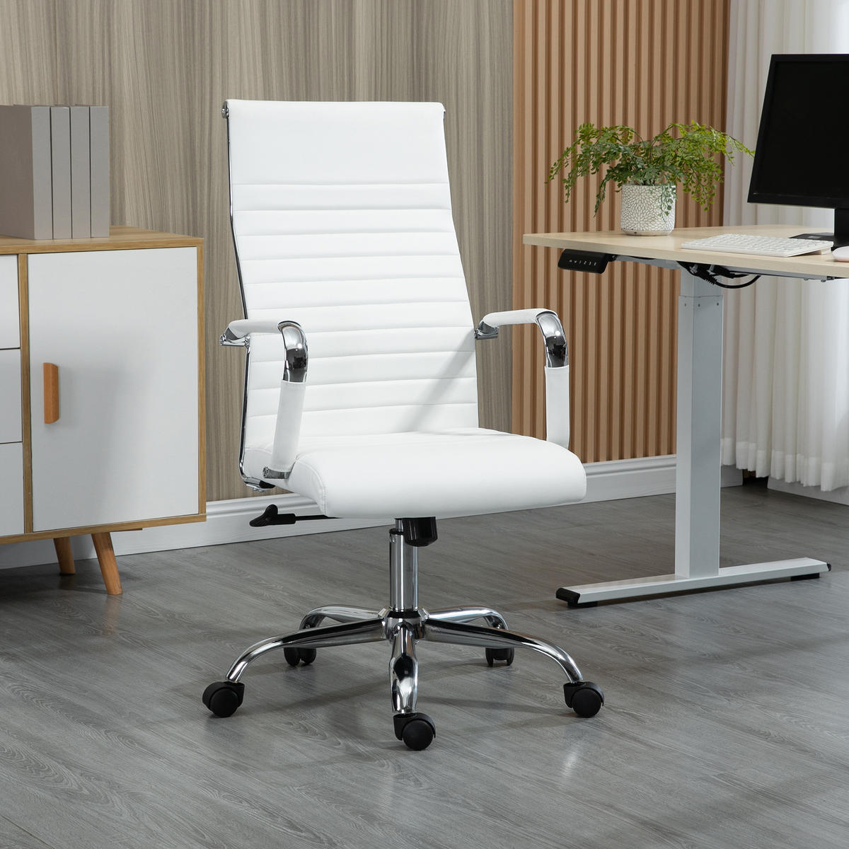 BÜROSTUHL Drehstuhl Chefsessel höhenverstellbar Kunstleder Schaumstoff Weiß - Weiß, Leder (62/114/54cm) - Vinsetto