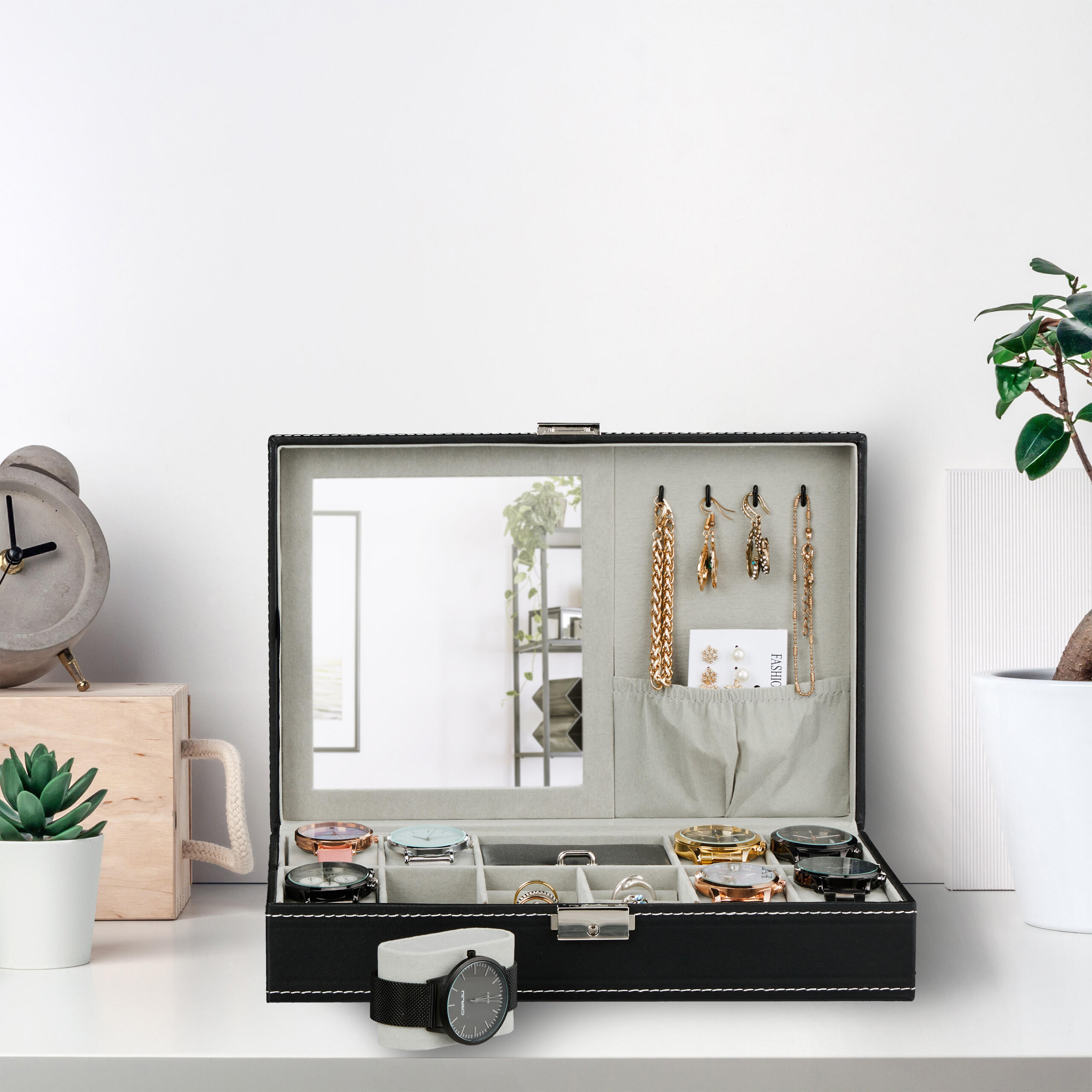 UHRENBOX - Schwarz, Glas/Holzwerkstoff (30/8/20.5cm) - Relaxdays