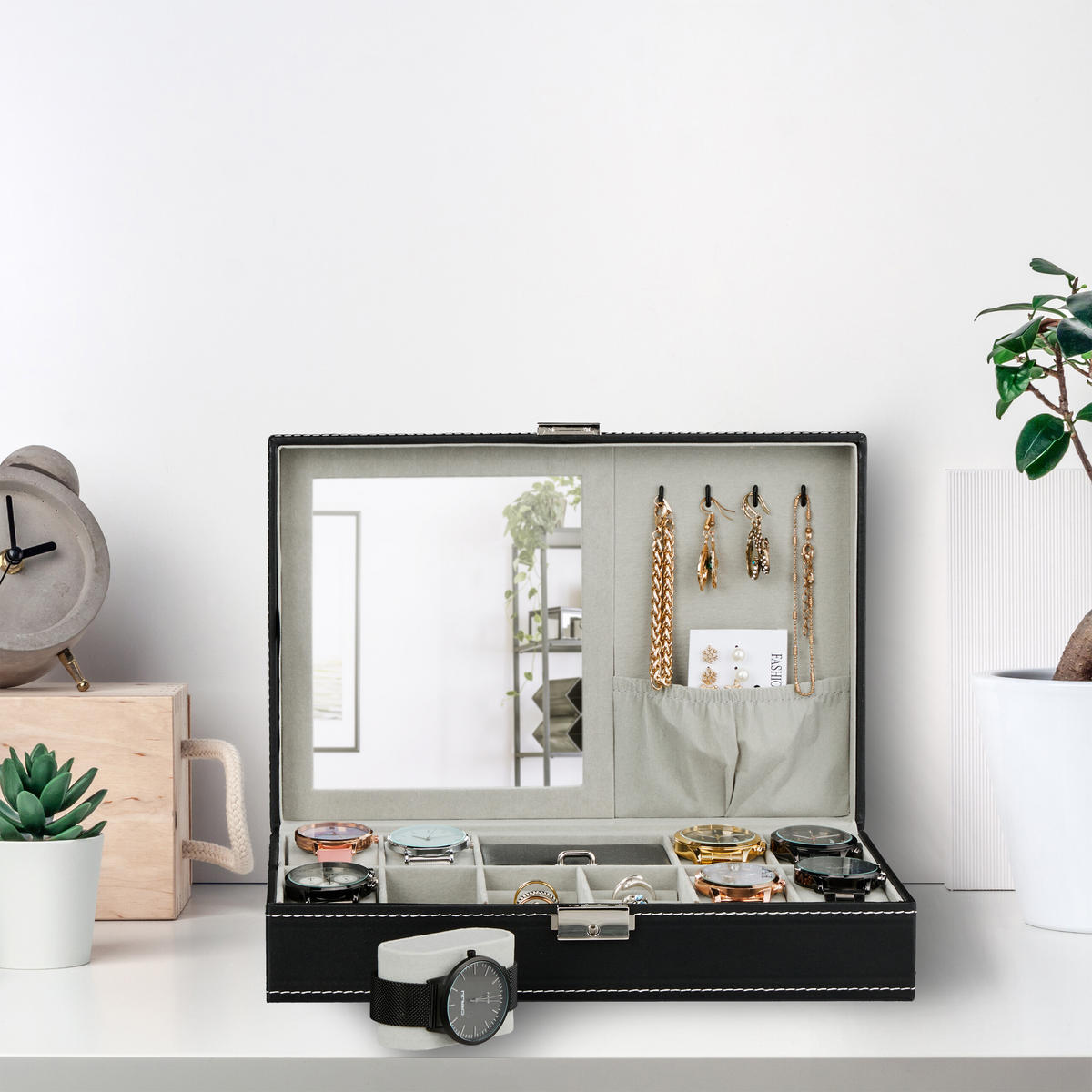 UHRENBOX - Schwarz, Glas/Holzwerkstoff (30/8/20.5cm) - Relaxdays