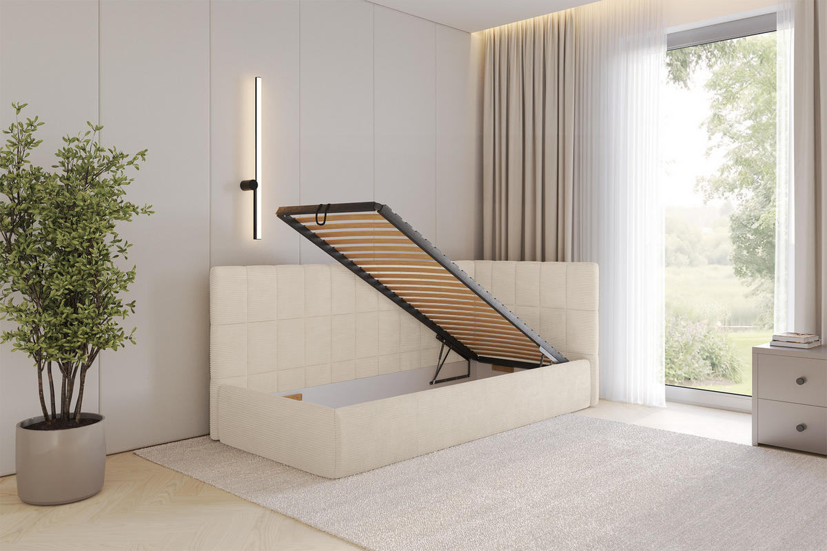 EINZELLBETT Jugendbett mit Bettkasten, Links - TULY 90x200 Beige - Creme, Holzwerkstoff/Textil (90/200cm) - ALTDECOR