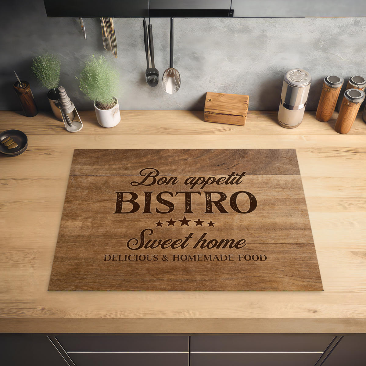 HERABDECKPLATTE - Zitat - Bistro - Guten Appetit - Süßes Zuhause - Holzmaserung - 65x50 - Braun, Kunststoff (65/50/0.2cm) - MuchoWow