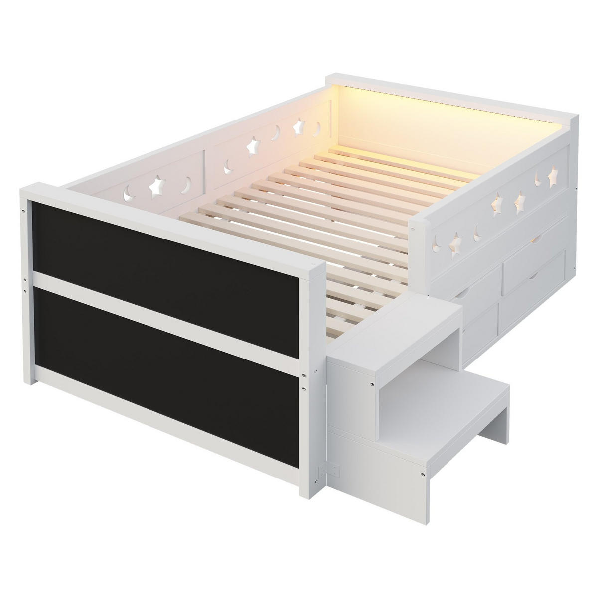 KINDERBETT Holz 90x200 cm Weiß mit LED, Tafel, 4 Schubladen und Sicherheitsgitter - Weiß, Holz (90/200cm) - Modfu