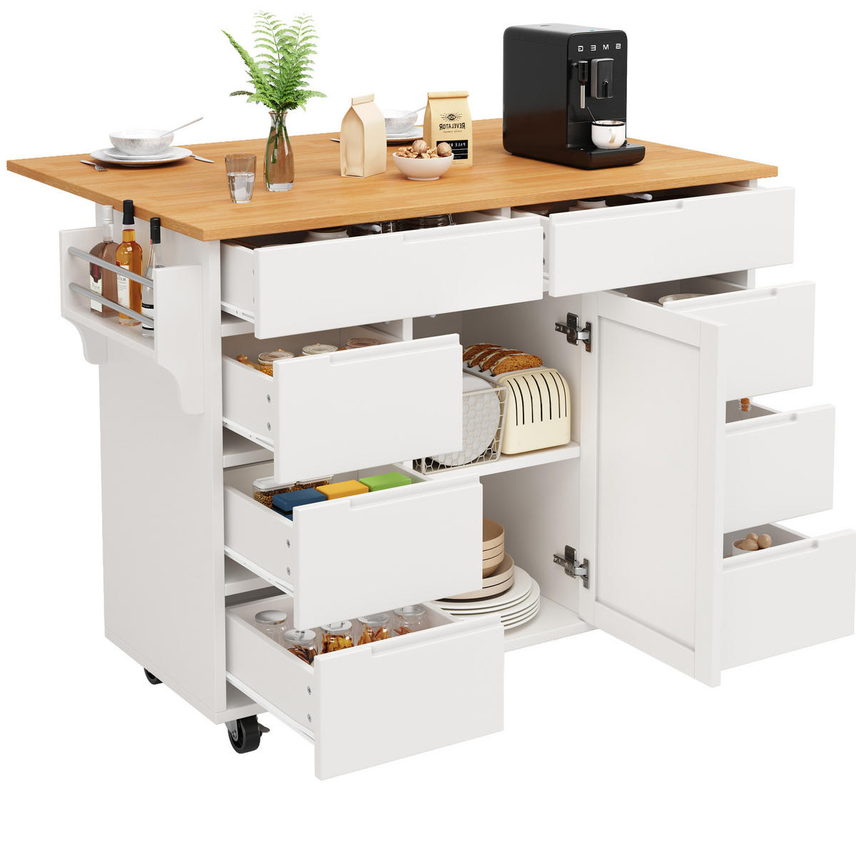 KÜCHENINSEL 122/46/91,5 cm aus MDF mit klappbarer Tischplatte und 8 Schubladen Weiß - Weiß, Holzwerkstoff (122/91.5/74.5cm) - Modenvie