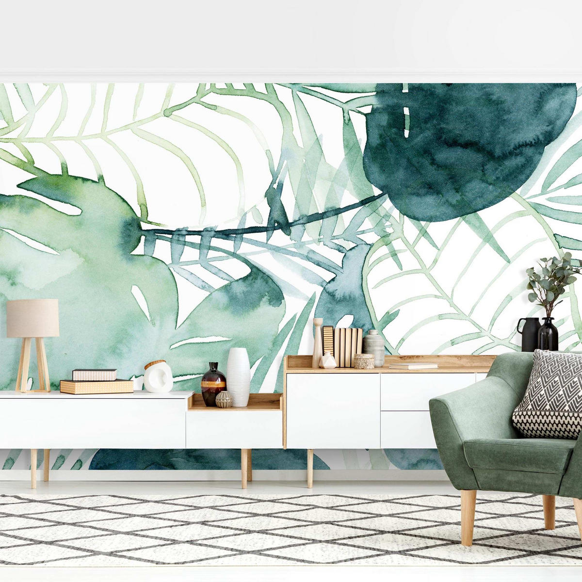 FOTOTAPETE Palmwedel in Wasserfarbe II 288/190 cm - Grün, Papier (288/190cm) - Bilderwelten