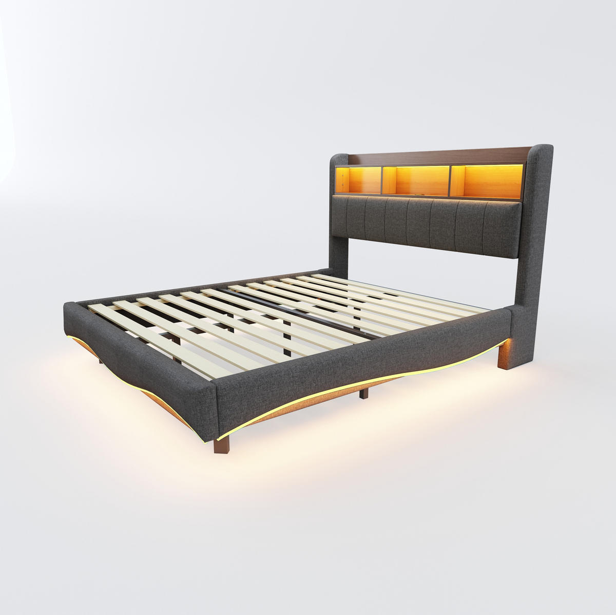 TAPECIRANI krevet 160/200 cm sivi od tkanine s LED rasvjetom, USB i Type-C priključcima - siva, tekstil (160/200cm) - OKWISH