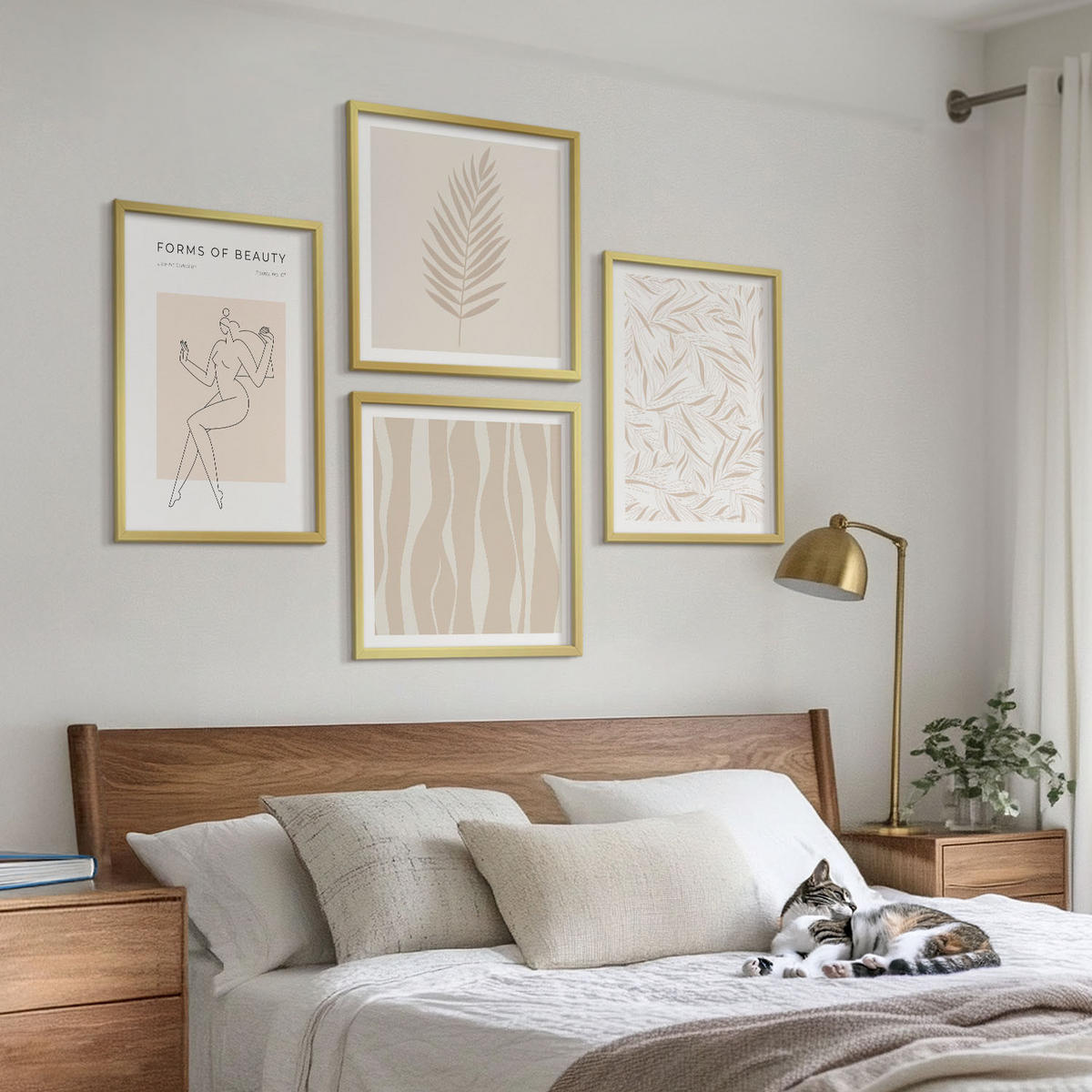 WANDBILDER 4er Set - 50x50 cm & 40x60 cm Goldrahmen - Minimalistische Pflanzenmotive - Goldfarben, Kunststoff (50/50cm) - ArtPrintCave