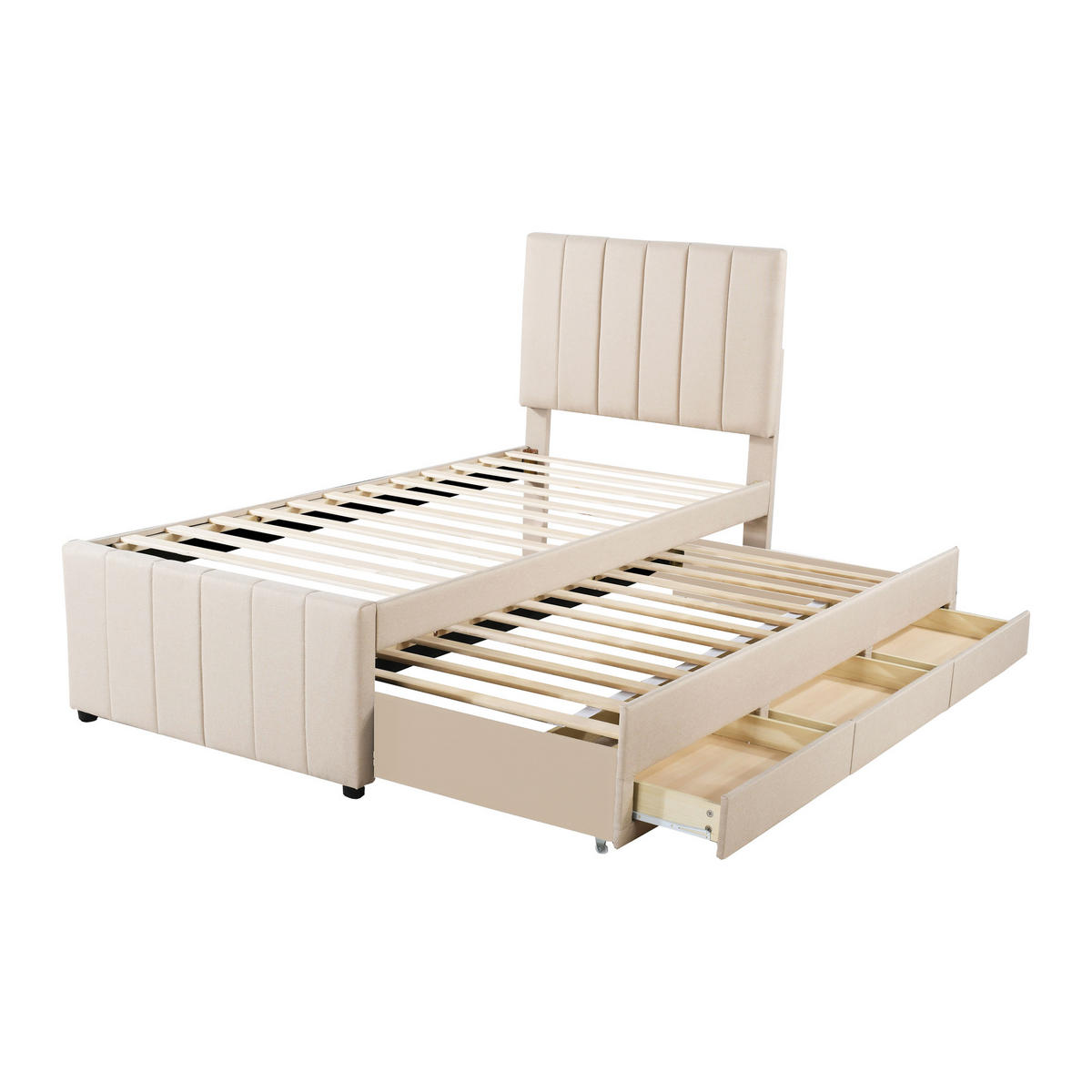 POLSTERBETT 90/200 cm Beige mit Ausziehbett und 3 Schubladen höhenverstellbares Kopfteil - Beige, Textil (90/200cm) - OKWISH