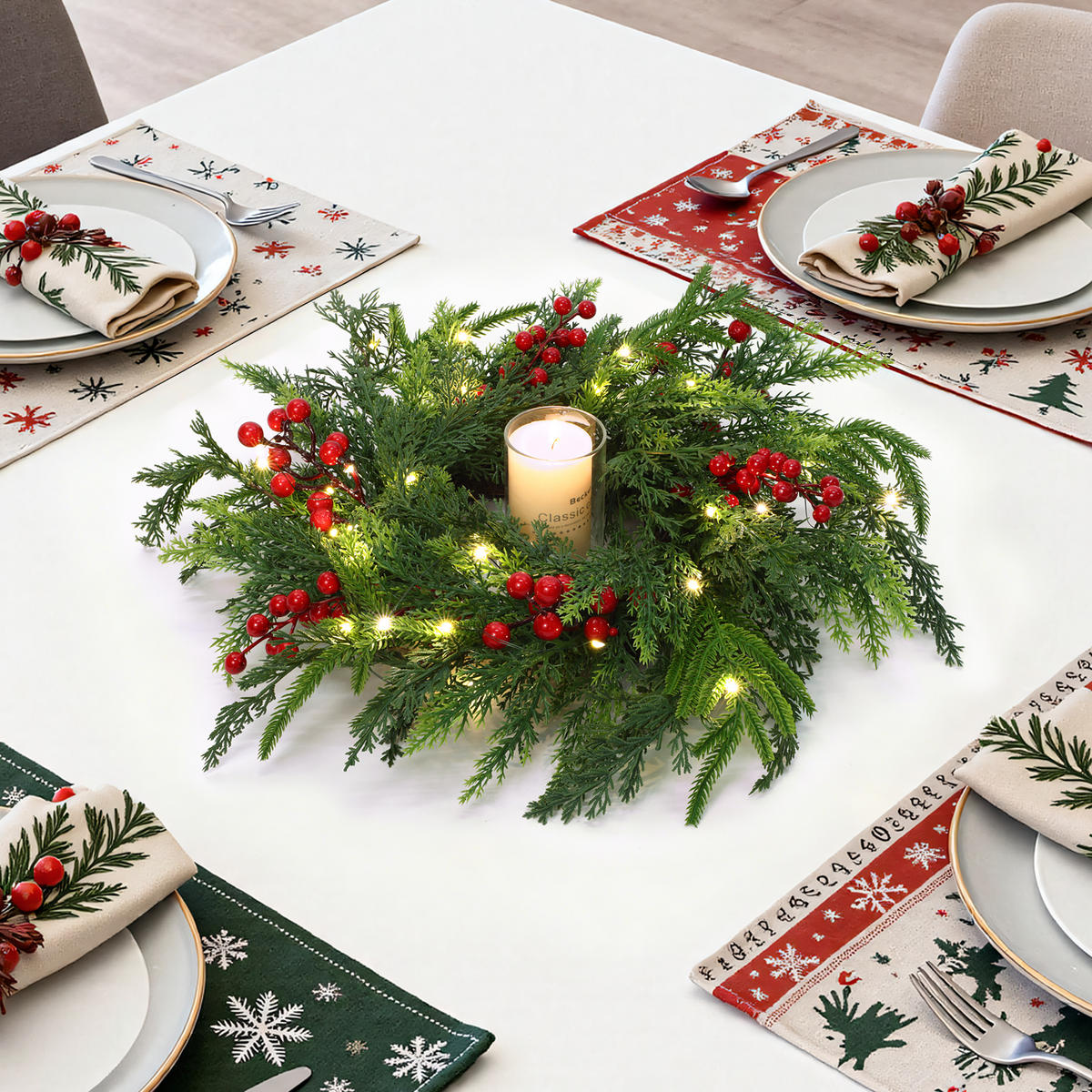 WEIHNACHTSKRANZ mit 25 LEDs & Timer - Smaragdgrün, Naturmaterialien (40cm) - Hometopia