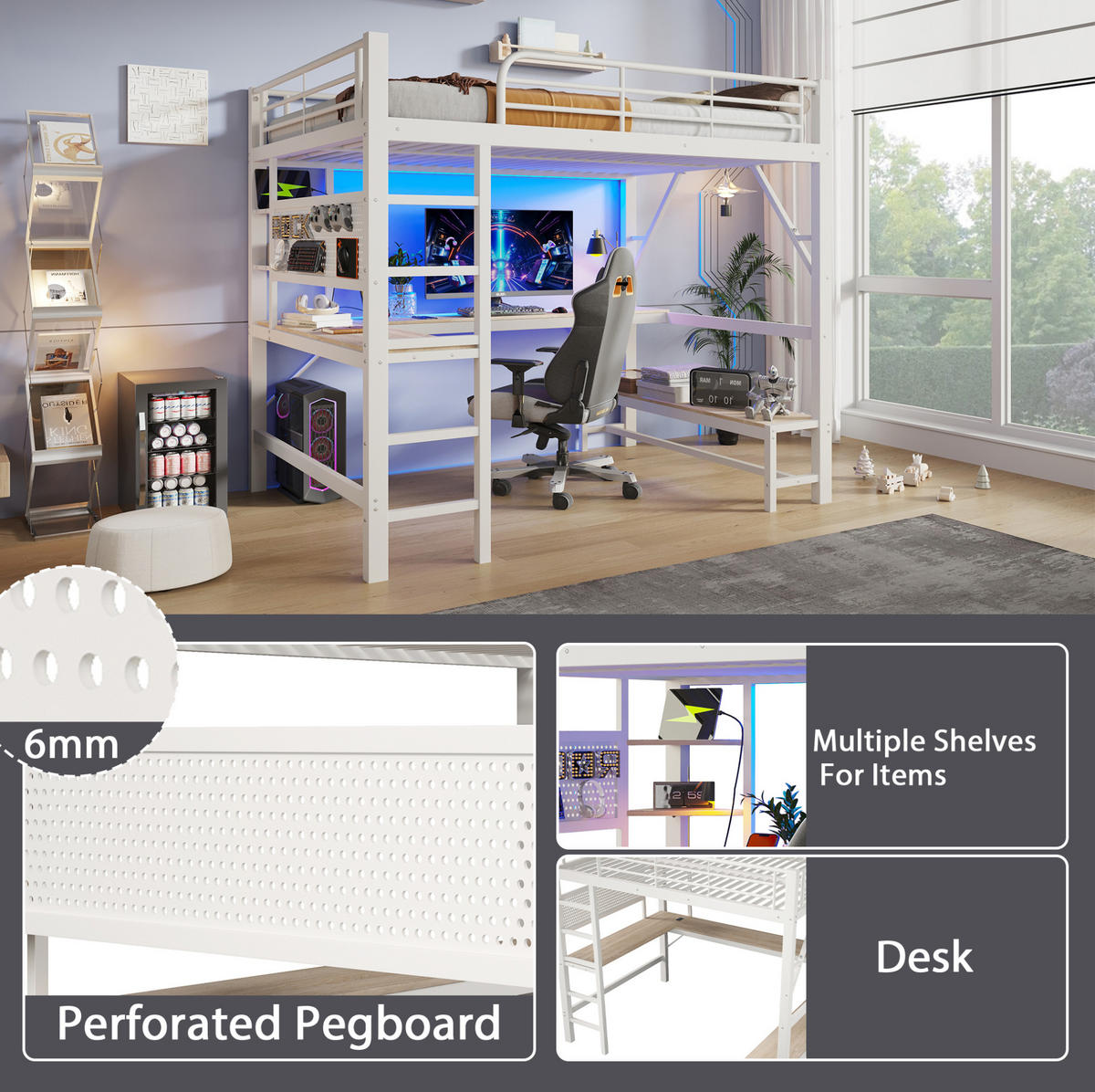 HOCHBETT aus Metall und MDF 160x200 cm Weiß mit Schreibtisch, LED-Leiste und USB-Type-C-Anschluss - Weiß, Metall (160/200cm) - Modfu