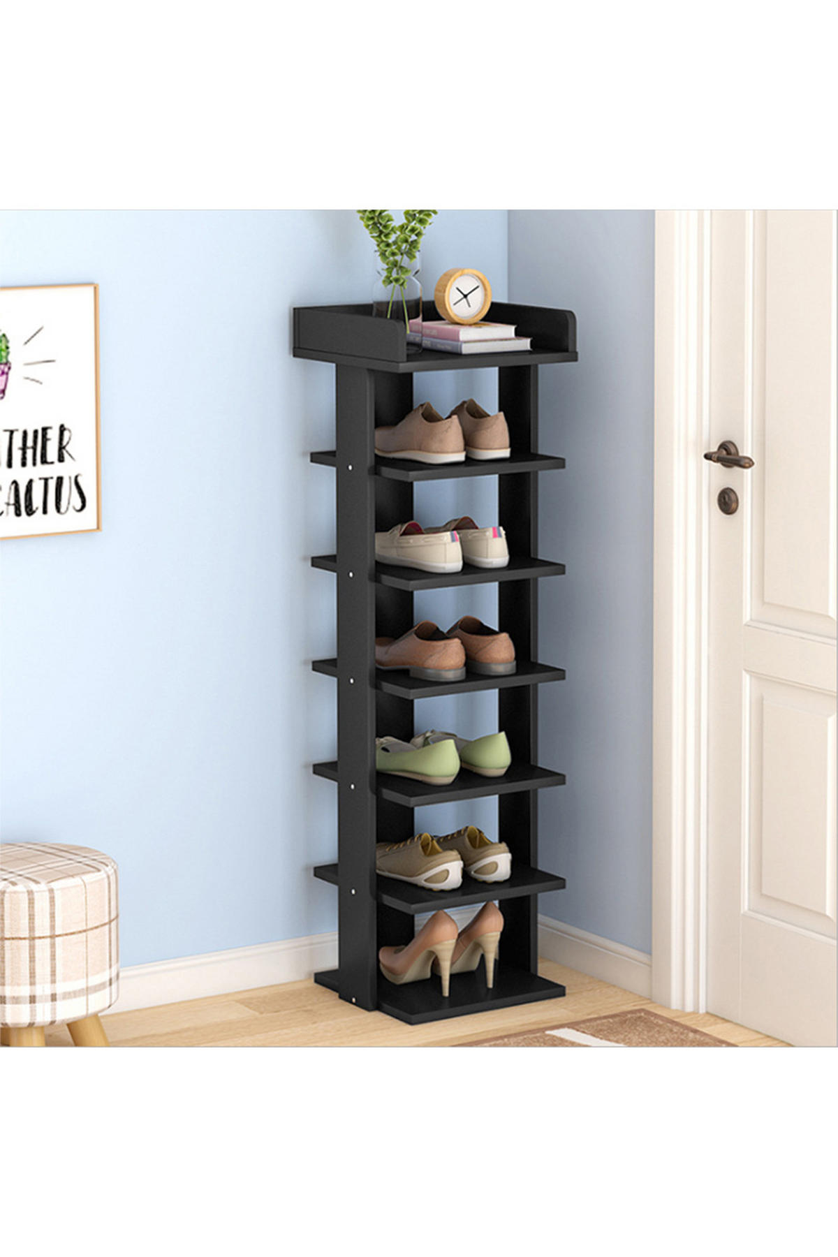 SCHUHREGAL 7-Stufige aus MDF in Schwarz Stabile Konstruktion Offene Ablage Platzsparendes Design 25 x 27 x 104 cm - Schwarz, Kunststoff (25/104/27cm) - Livingandhome