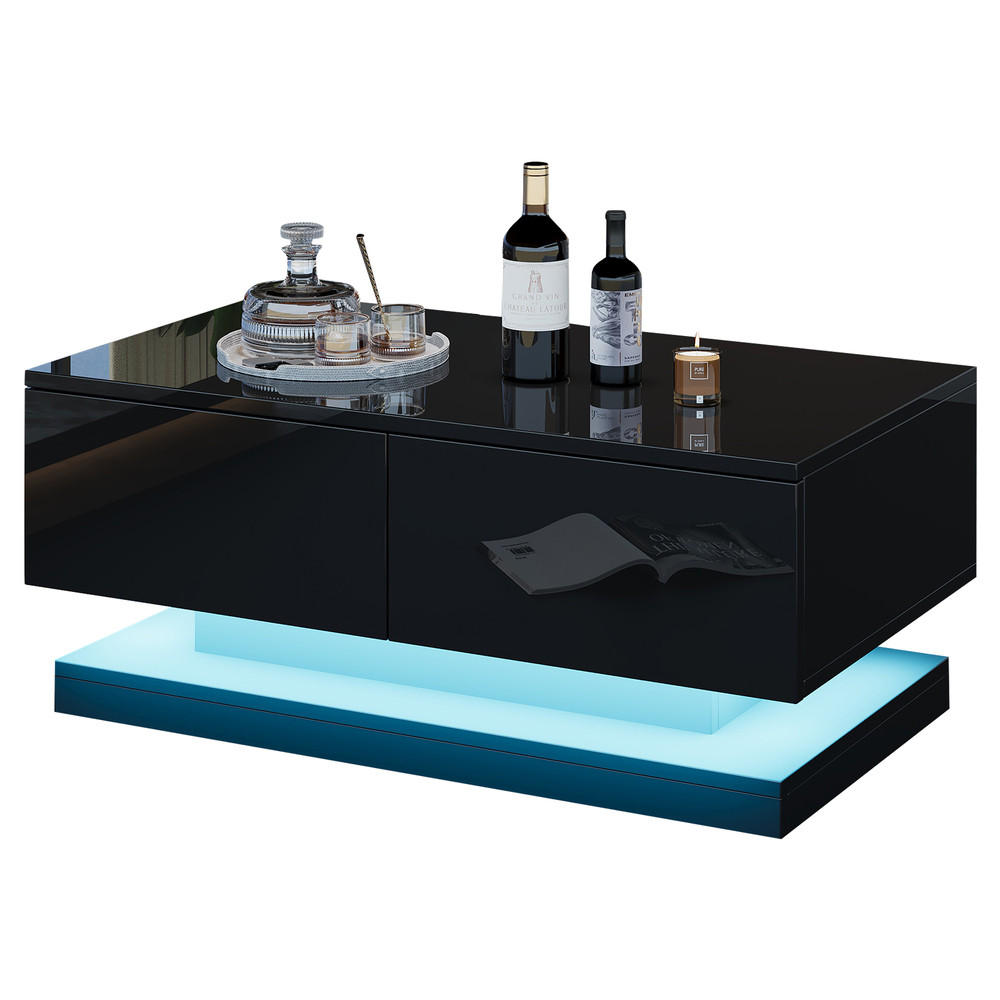 COUCHTISCH 90x50cm Schwarz Hochglanz LED App 2 Schubladen Modern - Schwarz, Holz (99.85/58.7/15.85cm) - FLIEKS