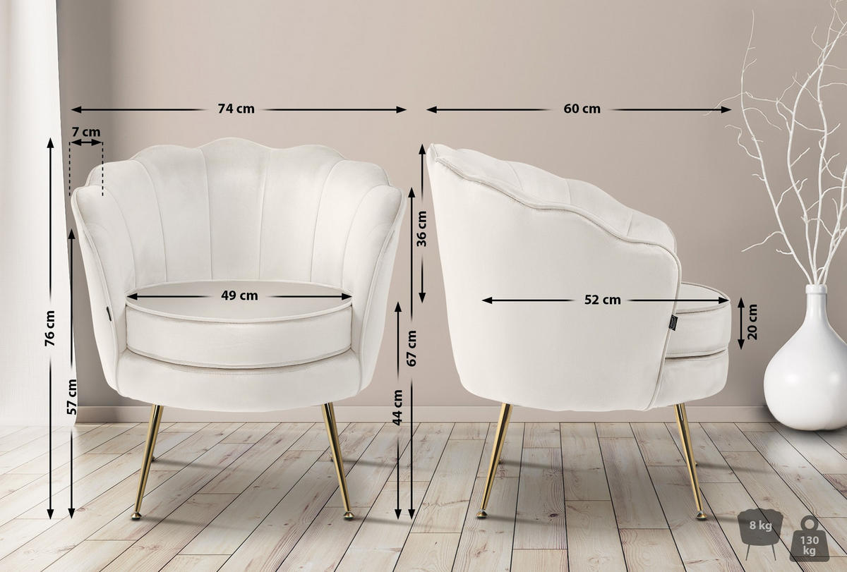 ARMLEHNENSTUHL Samt creme - Goldfarben/Creme, Textil/Metall (74/76/60cm) - CLP