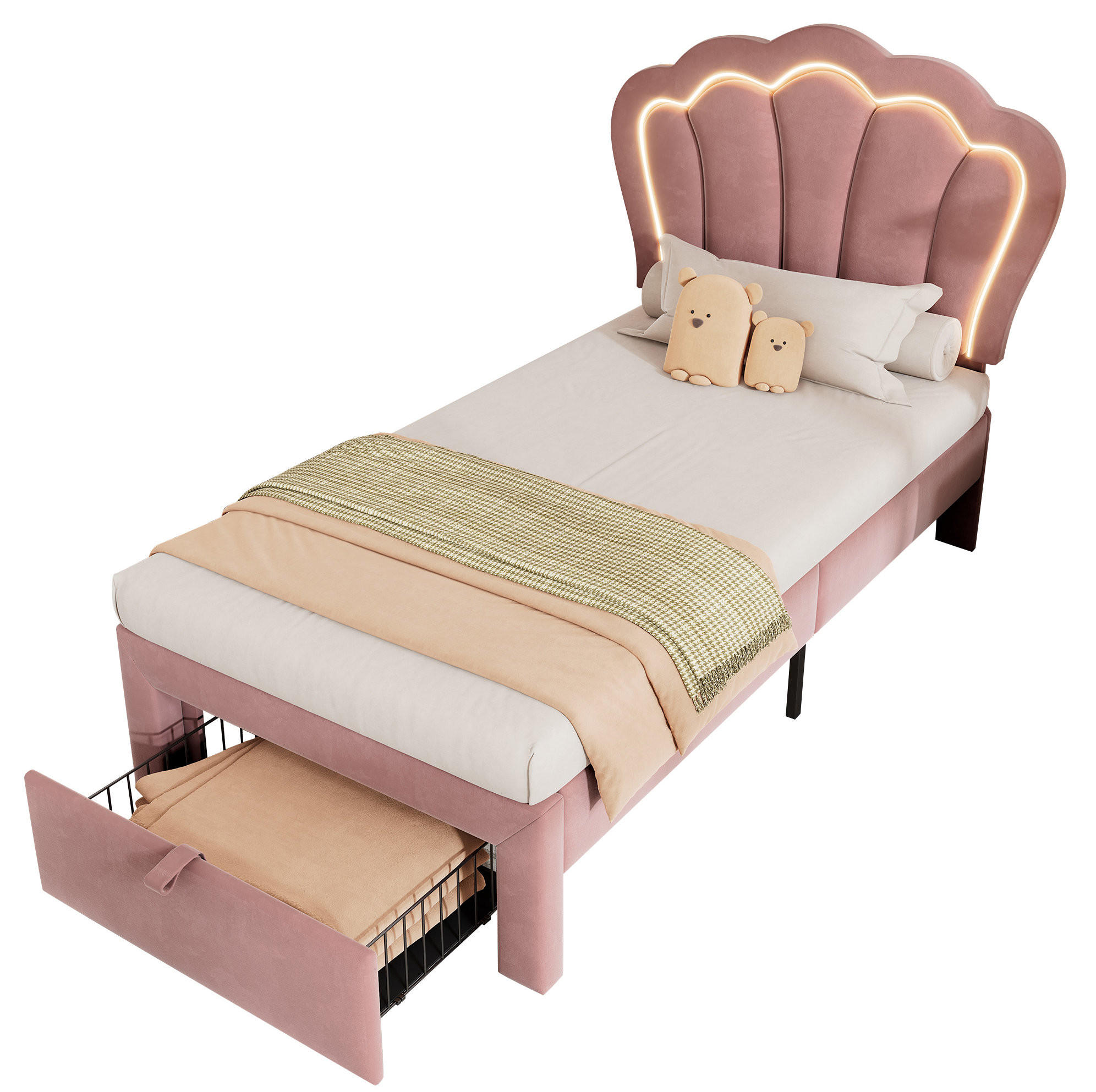 JUGENDBETT 90/190 cm aus Samt mit LED-Beleuchtung, Schublade und höhenverstellbarem Kopfteil Rosa - Rosa, Textil (90/190cm) - Modenvie
