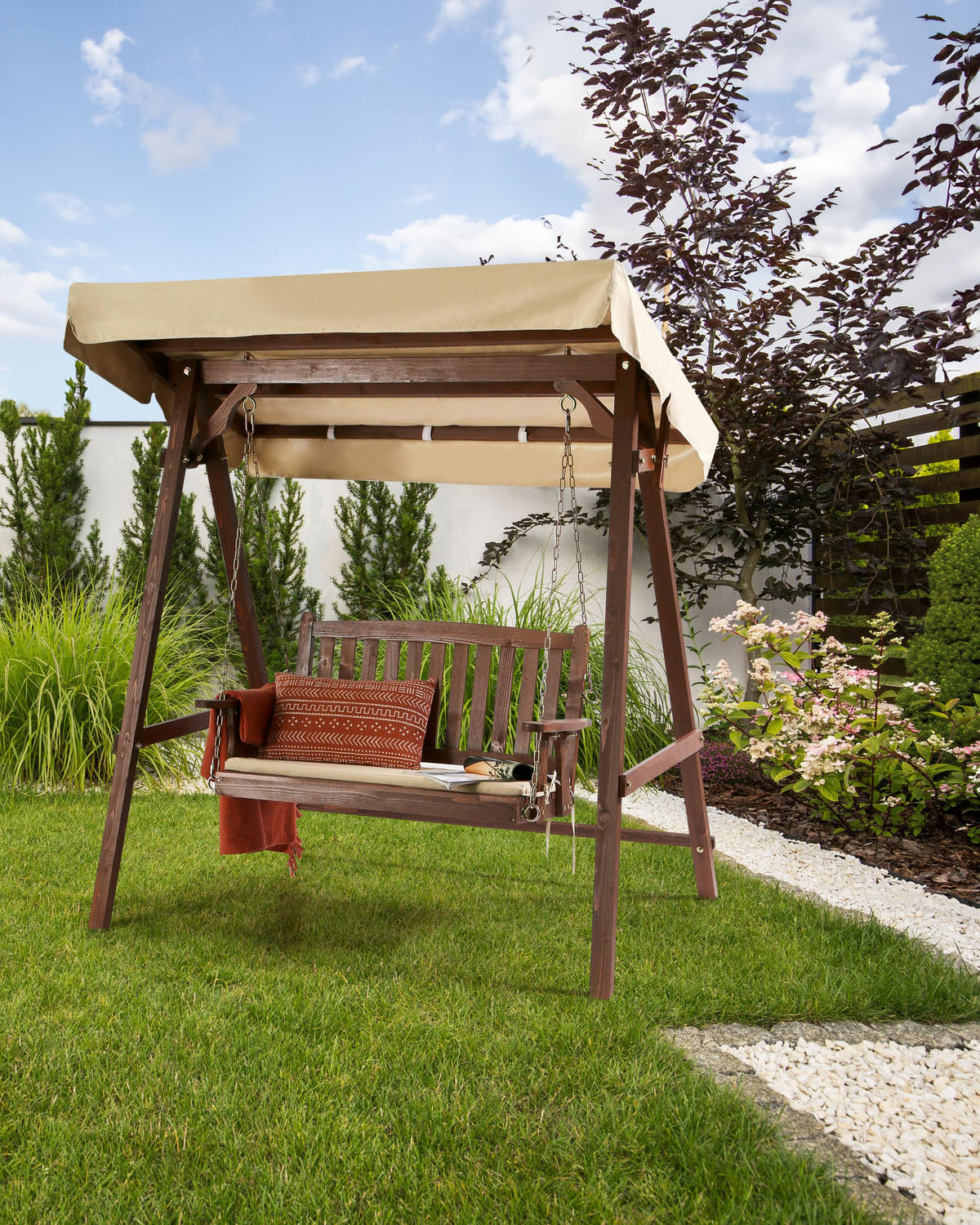 HOLLYWOODSCHAUKEL 2-Sitzer Dunkler Holzfarbton Caviola - Dunkelbraun/Beige, Holz (165/176/109cm) - Beliani