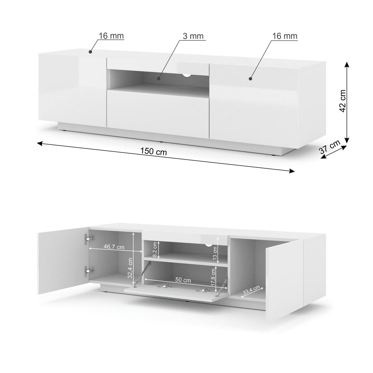 TV LOWBOARD Weiß Hochglanz 150/42/37 - Weiß Hochglanz, Holzwerkstoff (150/42/37cm) - RAUMHIRSCH FURNITURE
